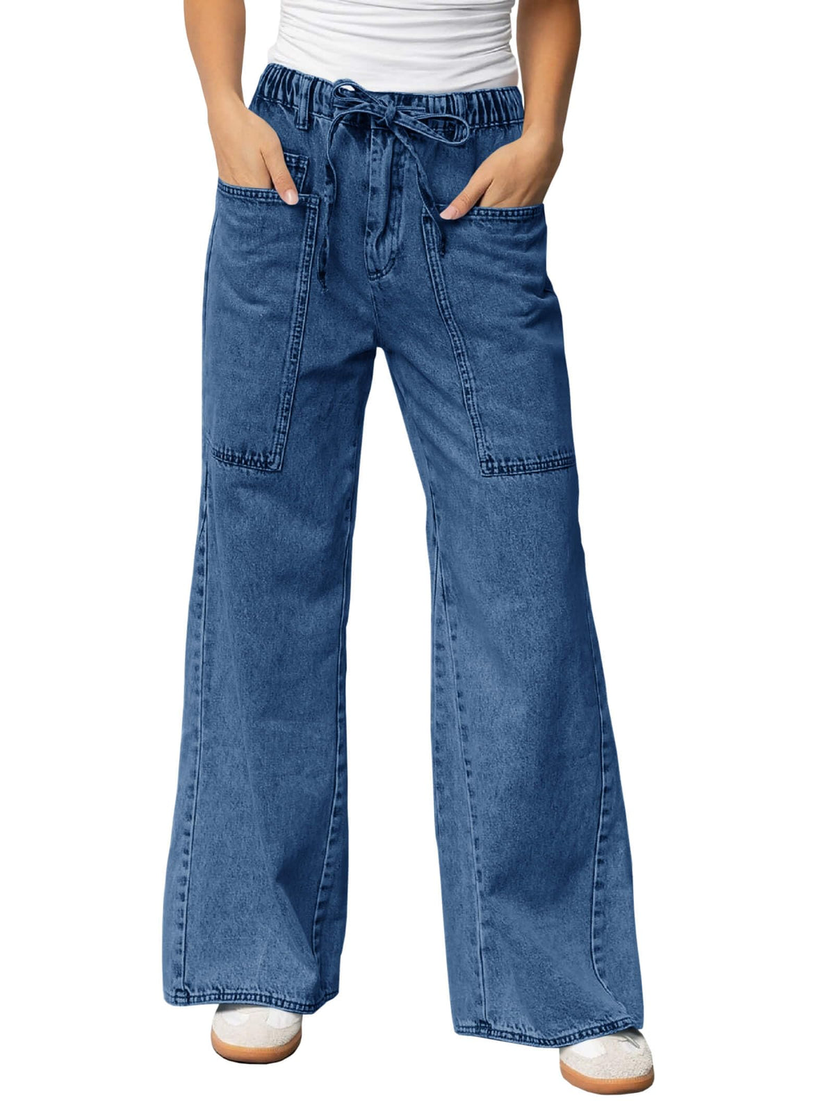 Women's Wide Leg Jeans High Waisted Denim Pants with Drawstring