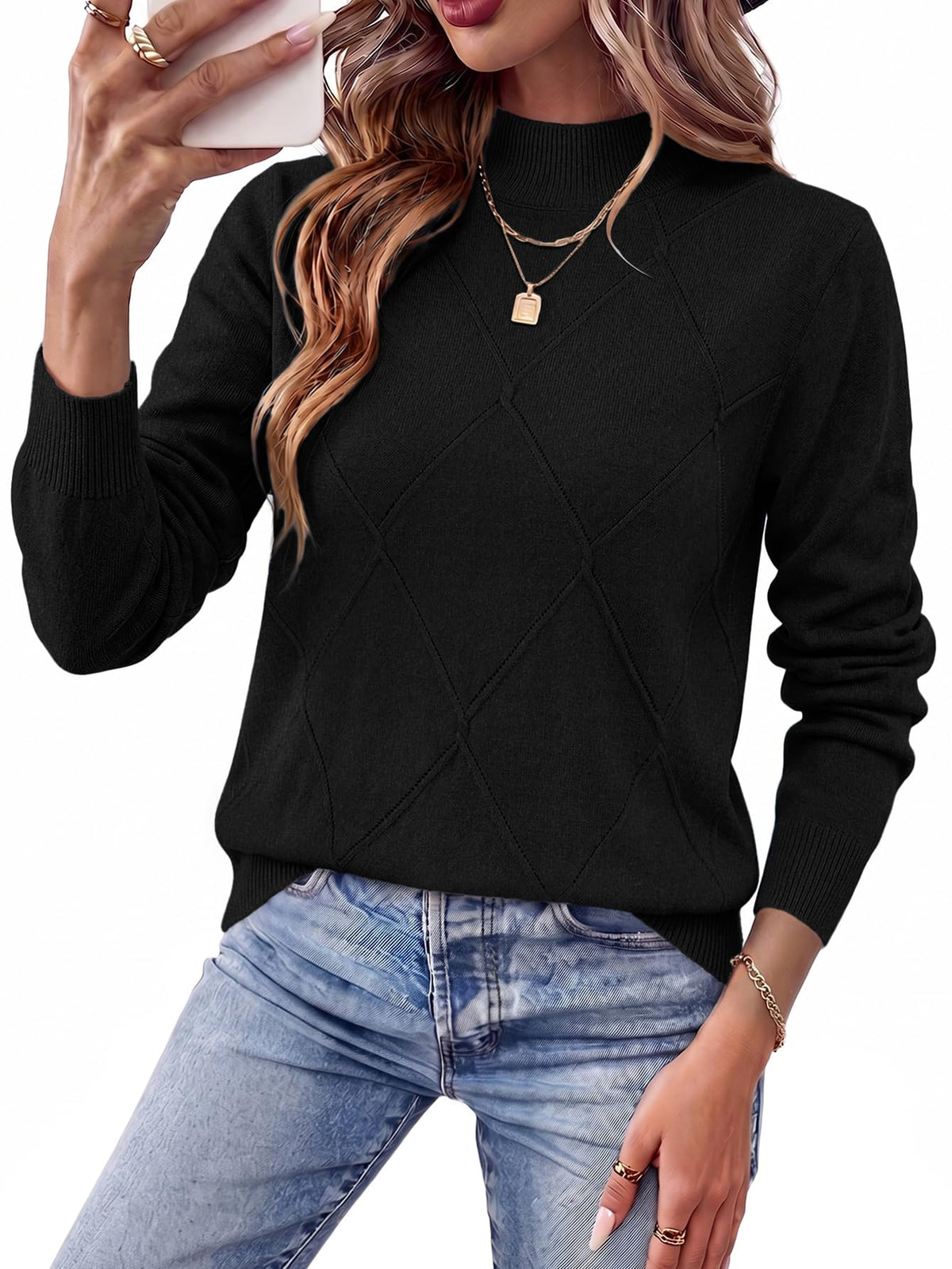 WIHOLL Womens Tops Sweaters Argyle Knit Long Sleeve Fall Outfits Winter