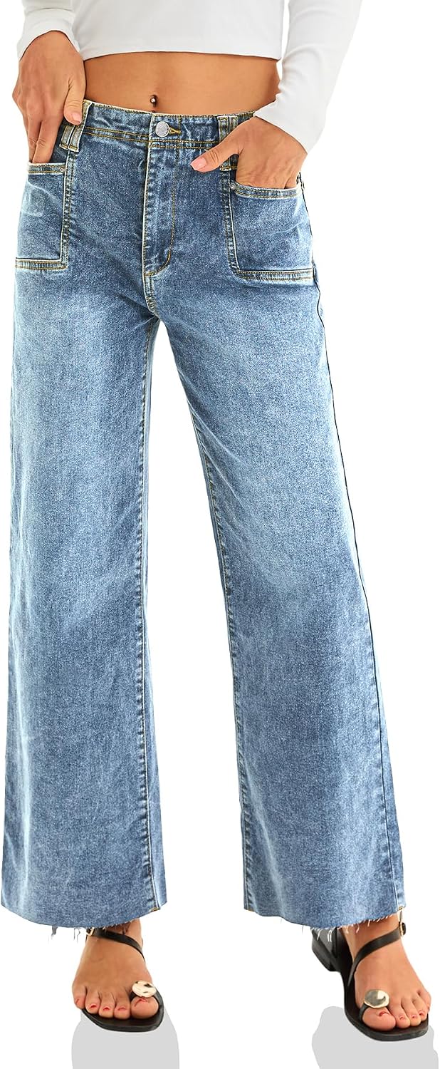 Cicy Bell Womens High Waisted Cropped Jeans Straight Leg Raw Hem Denim Pant