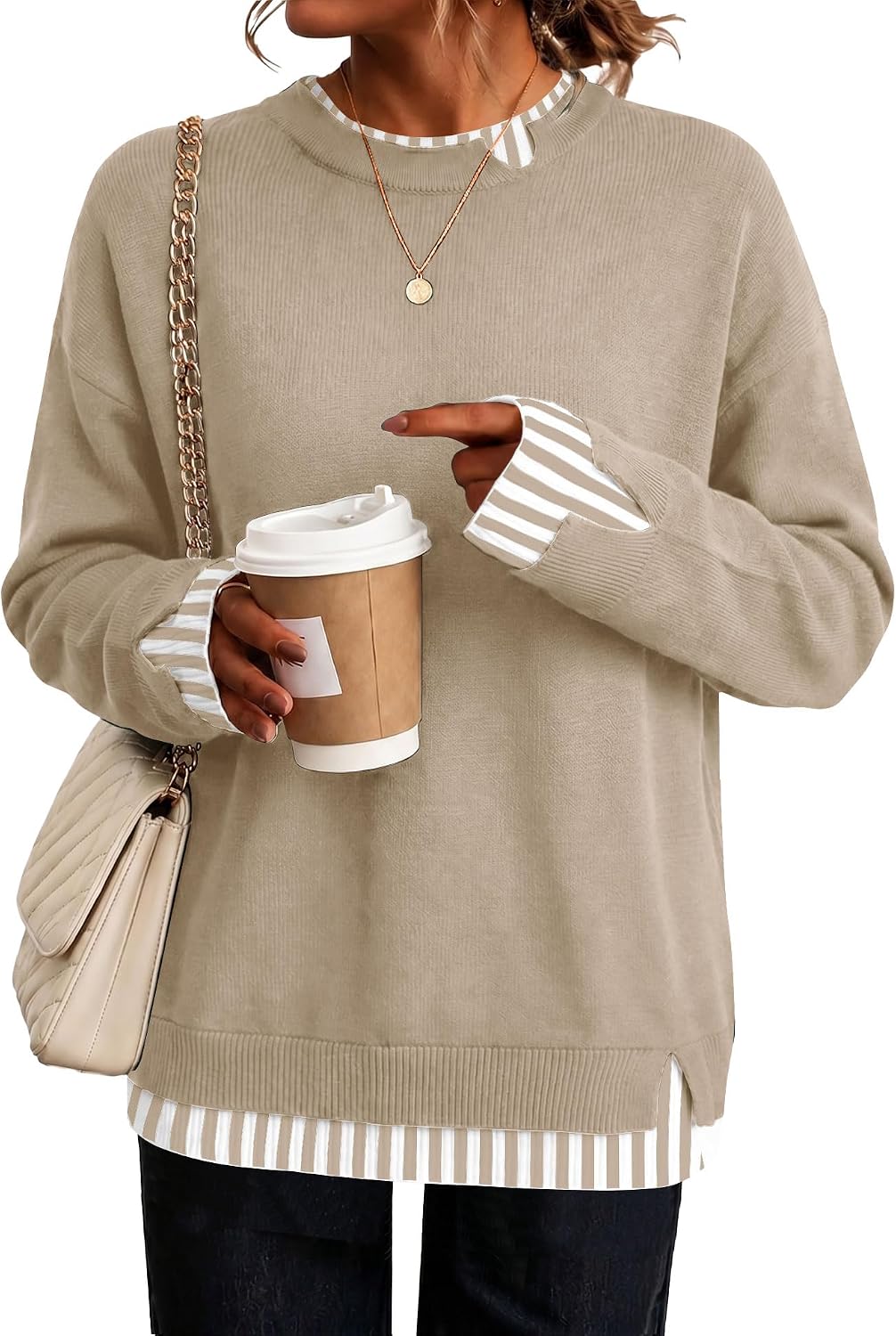 LOMON Womens Sweaters Cozy Long Sleeve Pullover Tops Faux Layered Sweaters