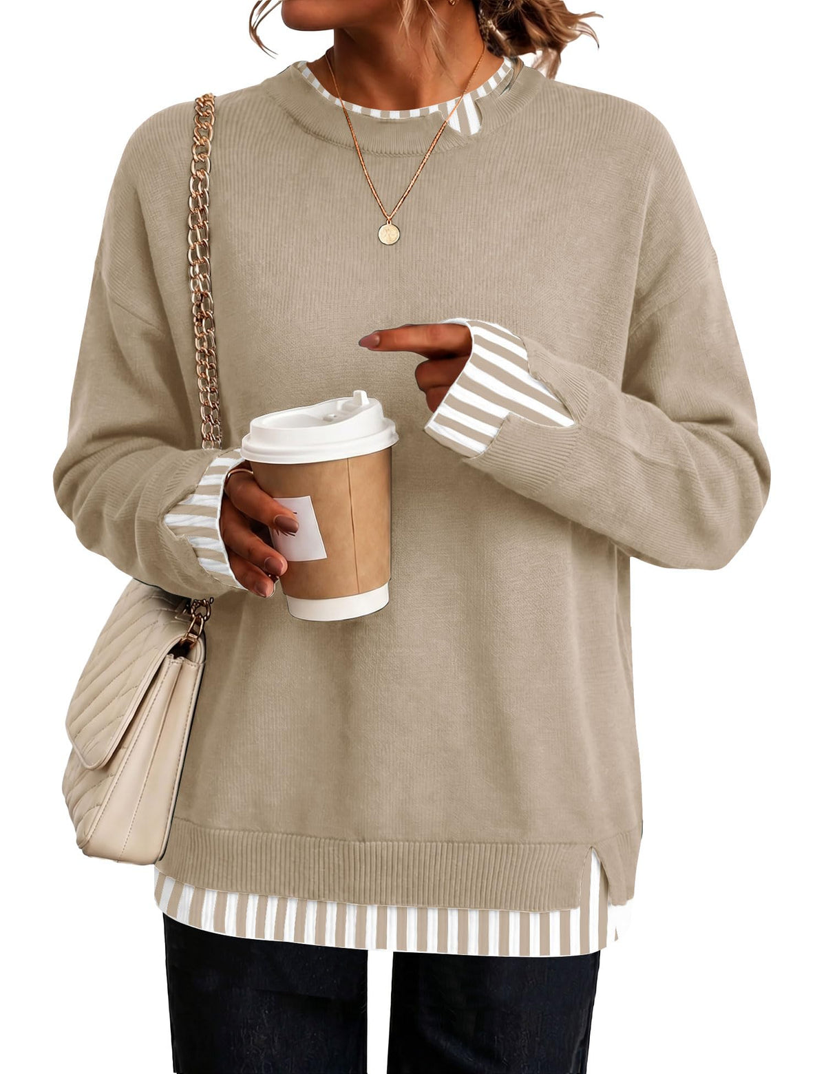 LOMON Womens Sweaters Cozy Long Sleeve Pullover Tops Faux Layered Sweaters