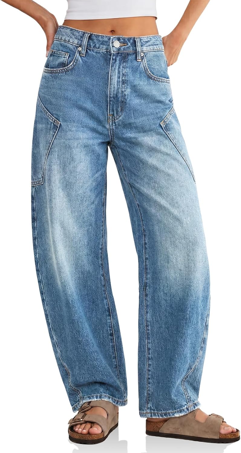 Flowyair Womens Baggy Barrel Jeans Raw High Waisted Wide Leg Denim Pants