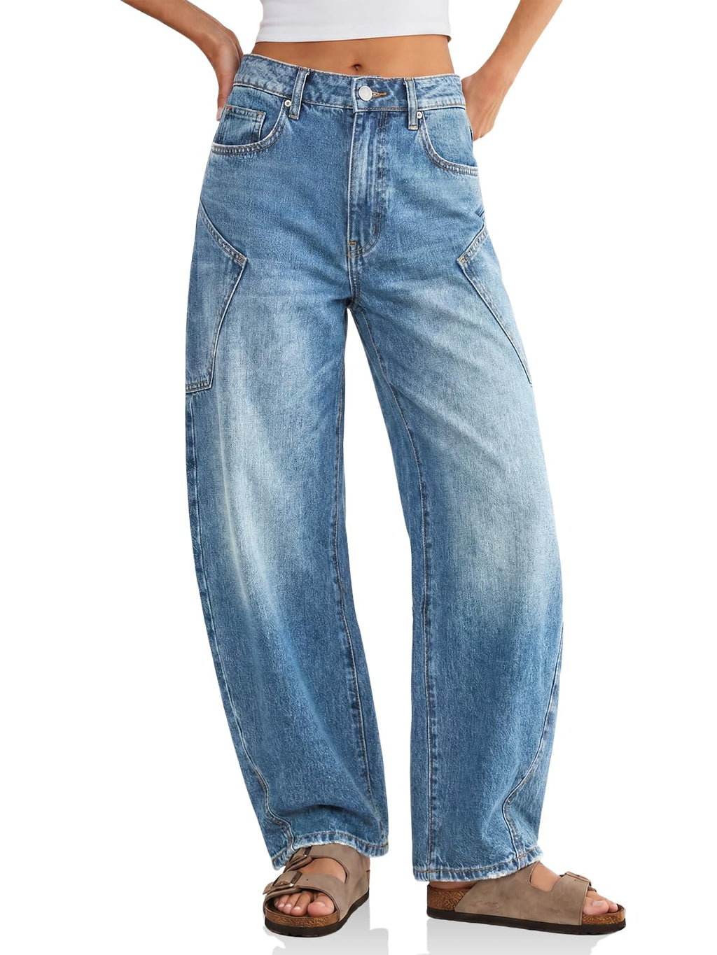 Flowyair Womens Baggy Barrel Jeans Raw High Waisted Wide Leg Denim Pants