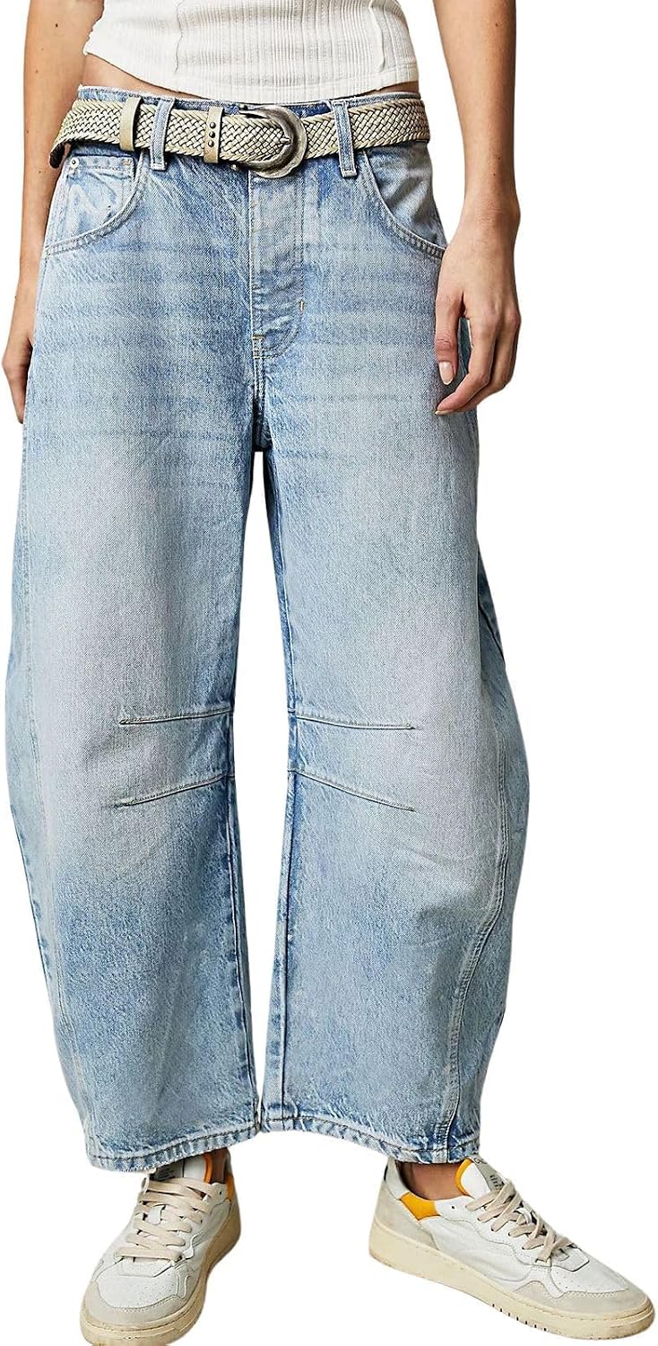 Womens Stretchy Mid Rise Barrel Jeans Vintage Loose Wide Leg Cropped Denim Pants Y2k Baggy Boyfriend Jeans
