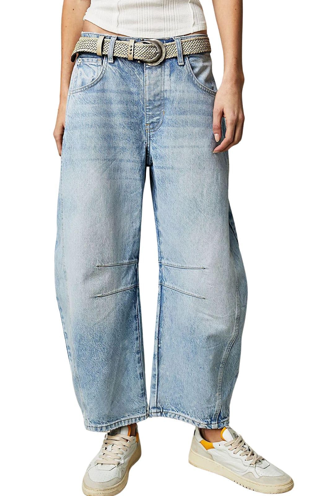 Womens Stretchy Mid Rise Barrel Jeans Vintage Loose Wide Leg Cropped Denim Pants Y2k Baggy Boyfriend Jeans