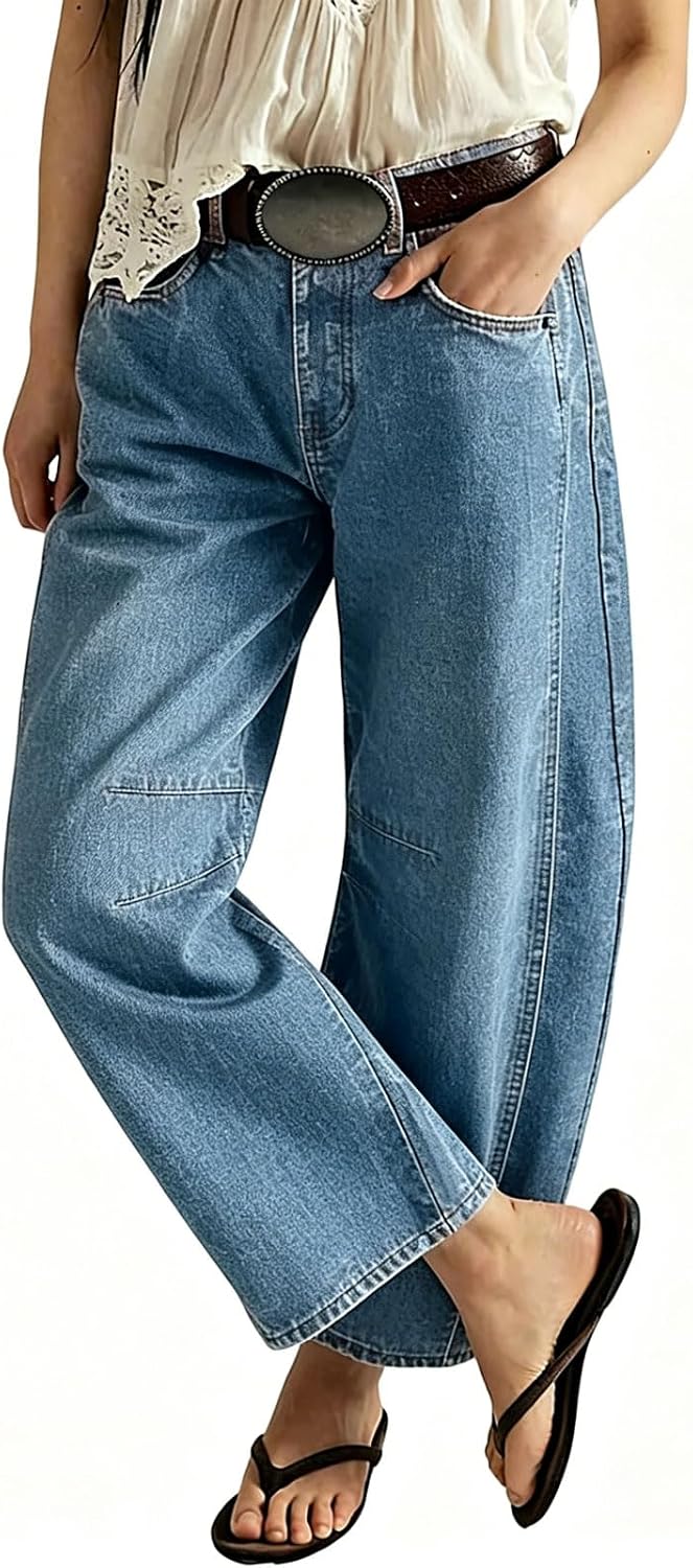 loveimgs Women Casual Wide Leg Mid Rise Jeans Baggy Barrel Jeans Denim Pull On Pants Sweatpants Y2k Boyfriend Boho Ankle Pant