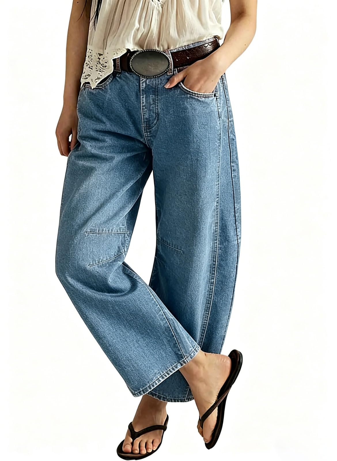 loveimgs Women Casual Wide Leg Mid Rise Jeans Baggy Barrel Jeans Denim Pull On Pants Sweatpants Y2k Boyfriend Boho Ankle Pant