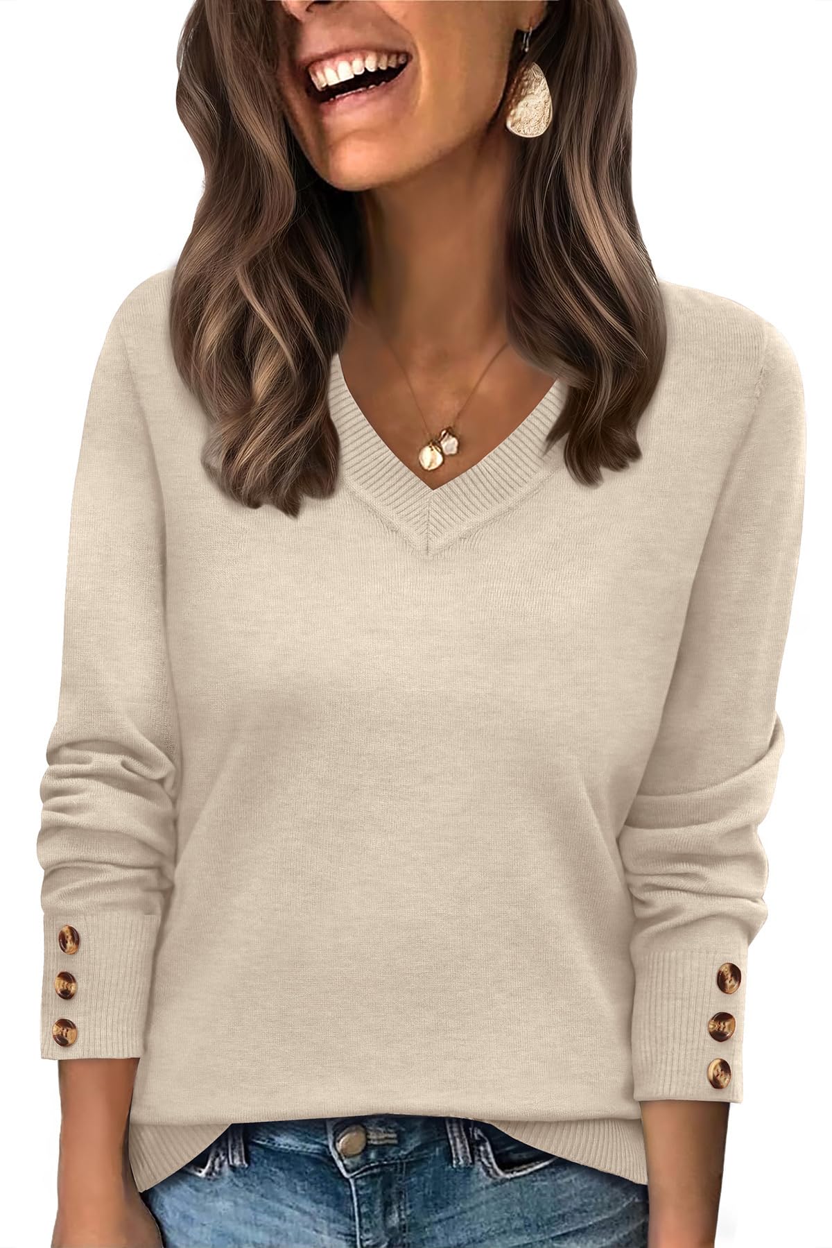 WIHOLL Lightweight Sweaters for Women Long Sleeve V Neck Knit Outfits with Decorative Buttons
