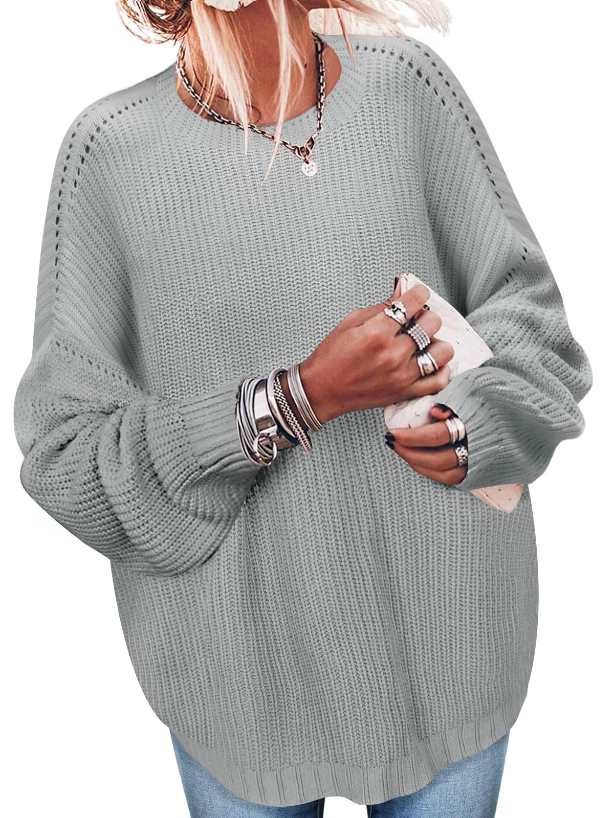 Sweaters for Women Oversized Casual Knit Ribbed Pullover Tunic Tops S-3XL