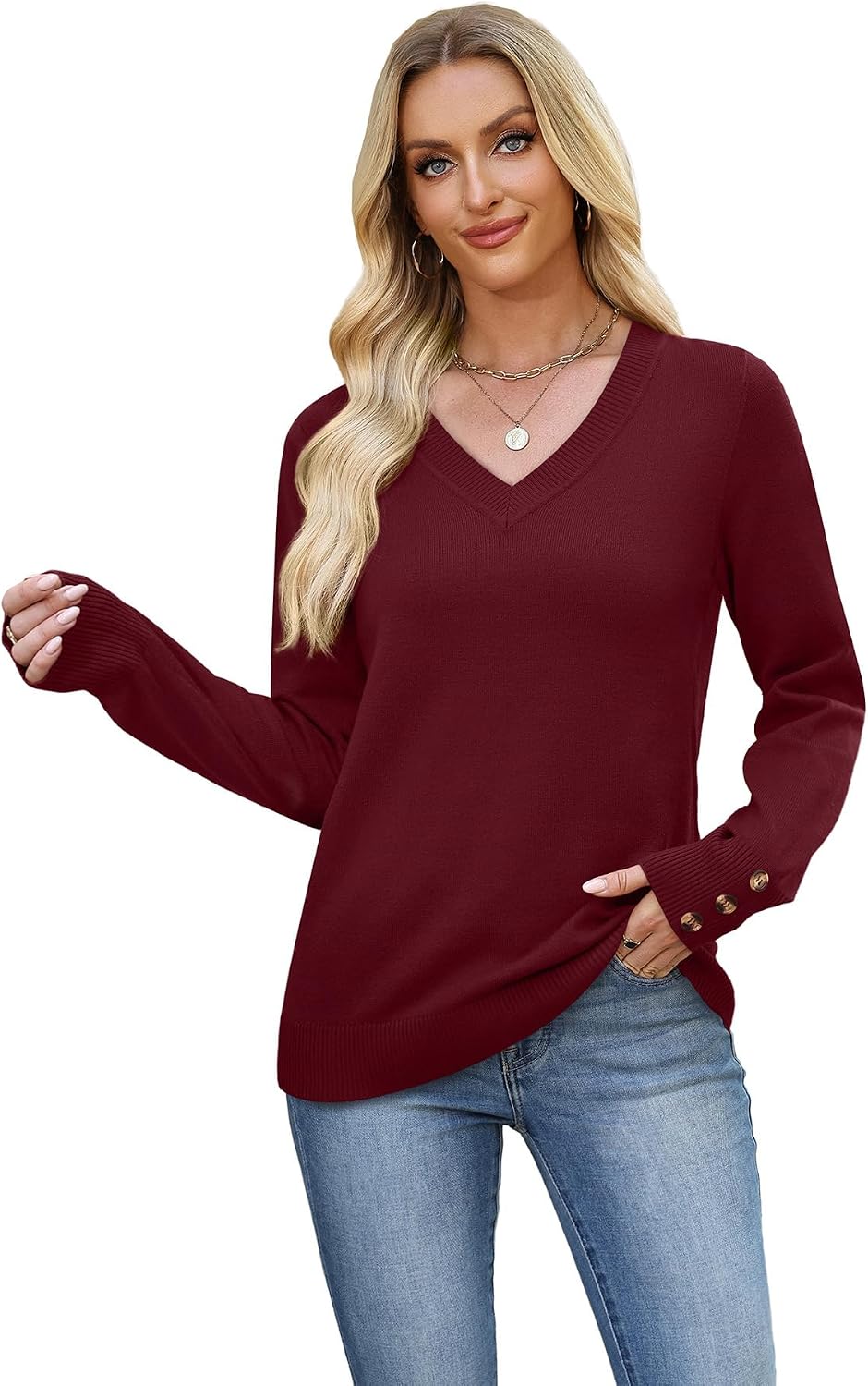 WIHOLL Lightweight Sweaters for Women Long Sleeve V Neck Knit Outfits with Decorative Buttons