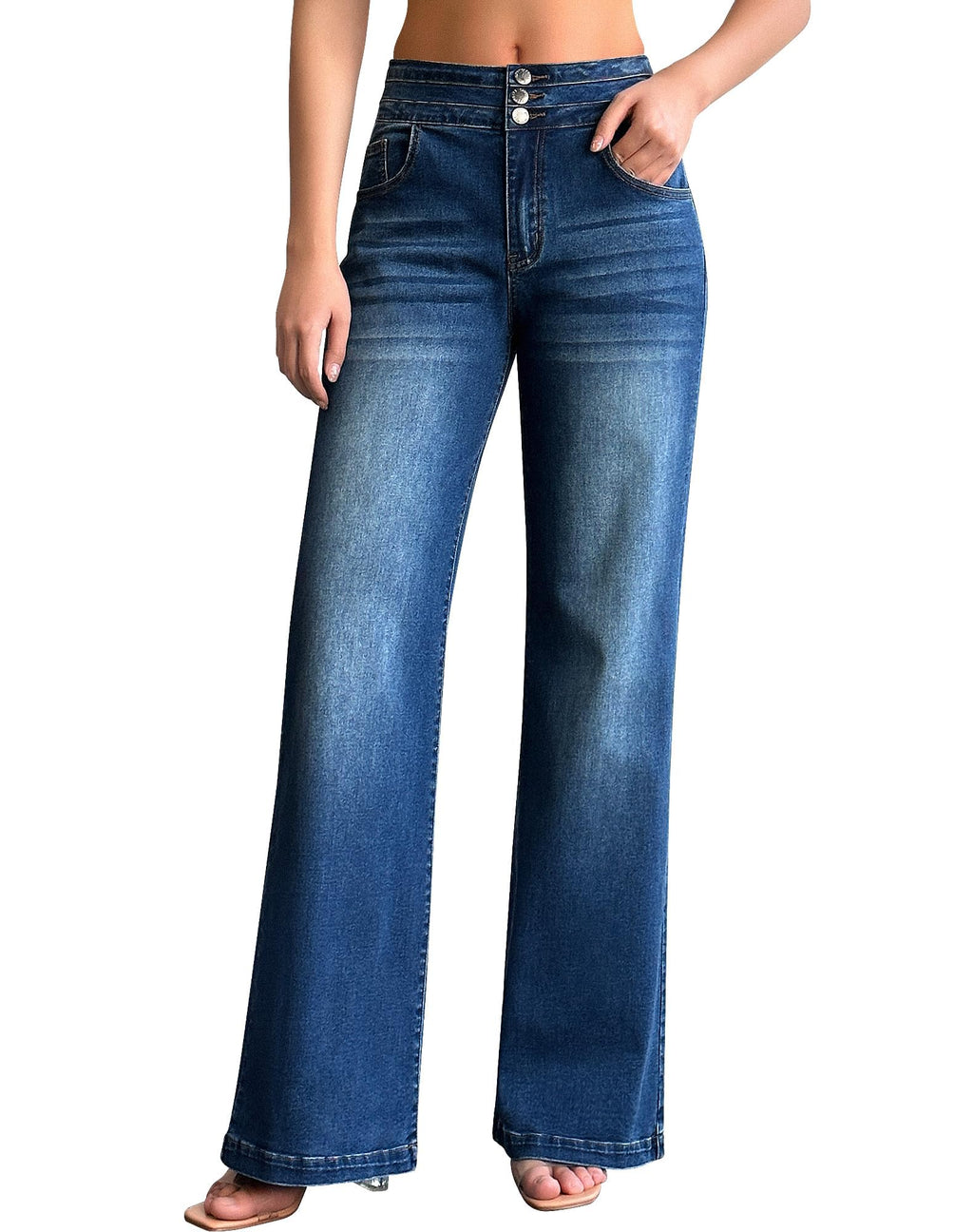 roswear Women's Wide Leg Jeans Casual High Waisted Stretch Baggy Loose Denim Pants