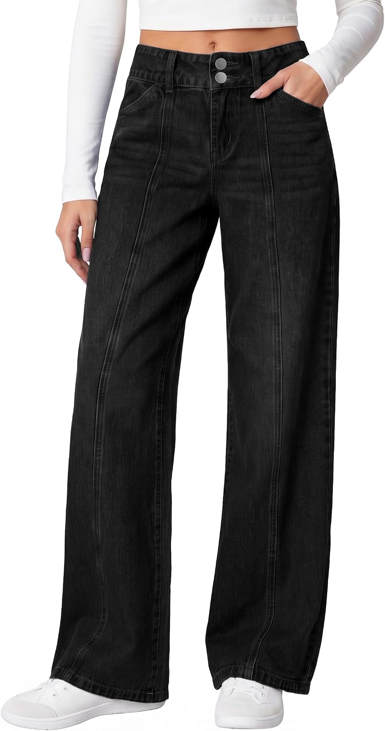 IWD Women's Wide Leg Jeans Straight Mid Rise Baggy Denim Pants Leopard