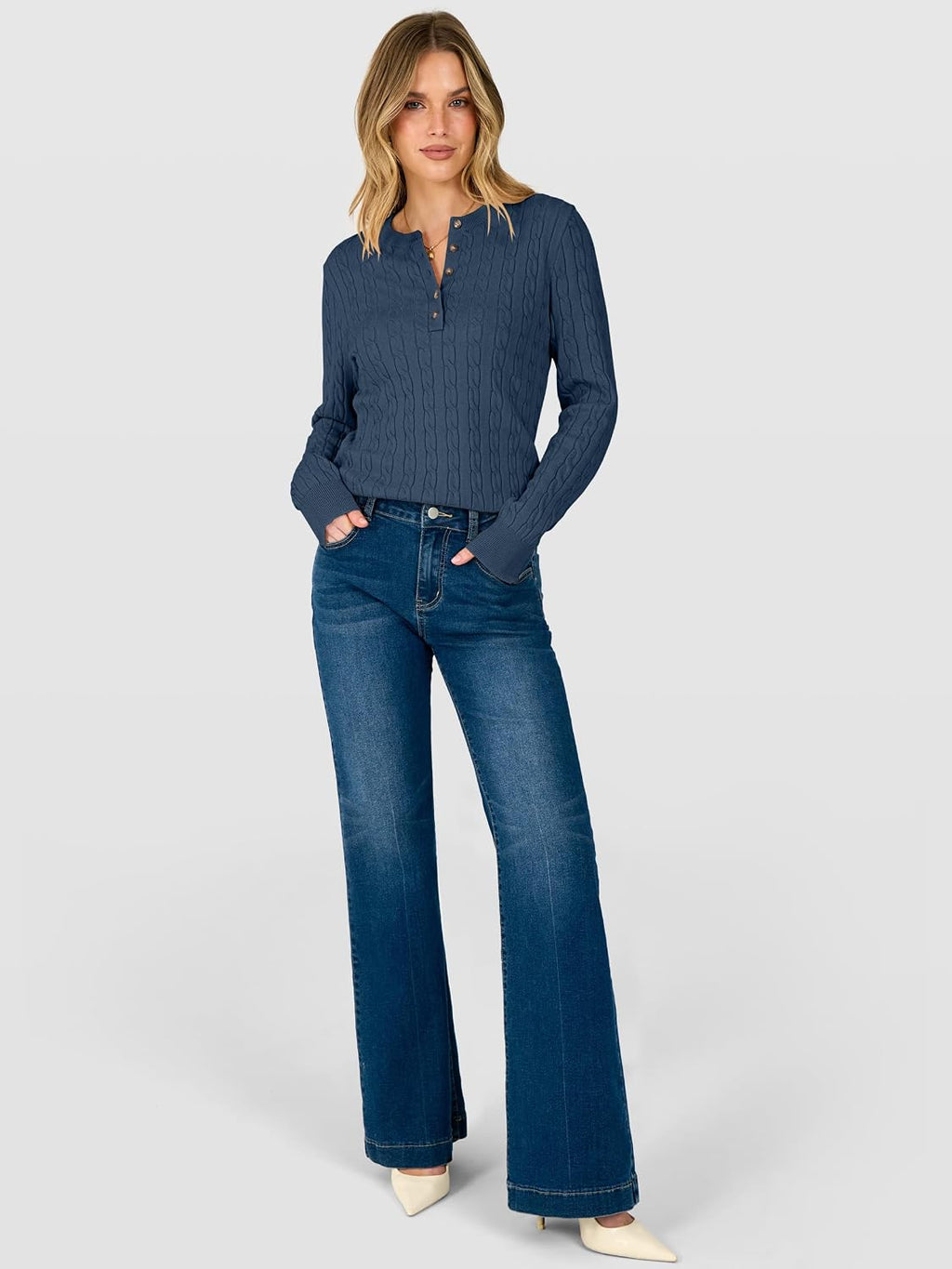 ANRABESS Sweaters for Women Cable Knit Henley Neck Fall Outfits