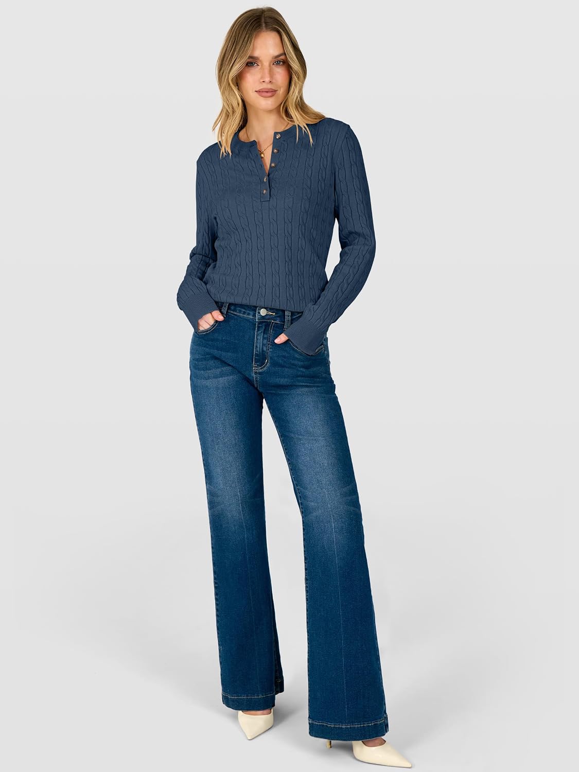 ANRABESS Sweaters for Women Cable Knit Henley Neck Fall Outfits