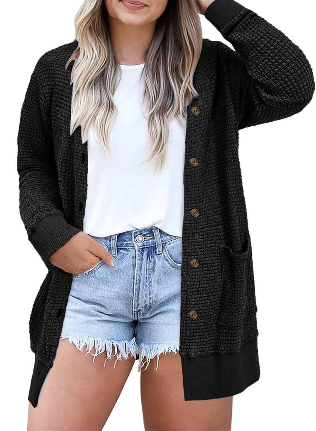 Eytino Womens Plus Size Waffle Knit Button Down Cardigans(1X-5X)