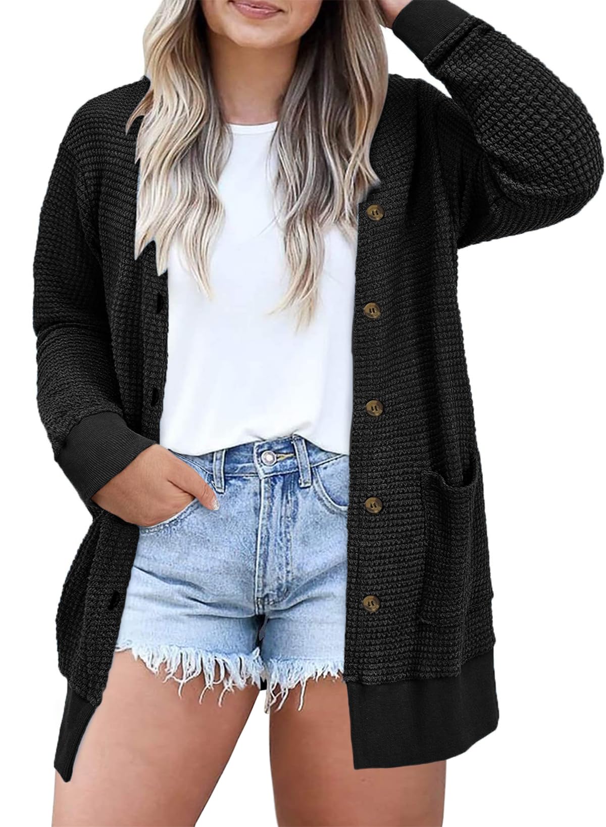 Eytino Womens Plus Size Waffle Knit Button Down Cardigans(1X-5X)