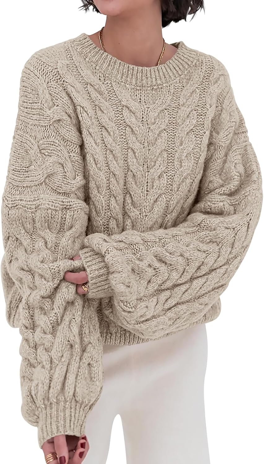 PRETTYGARDEN Womens Sweaters Fall 2026 Cable Knit Long Sleeve Crewneck Oversized Sweater Chunky Pullover Loose Outfits