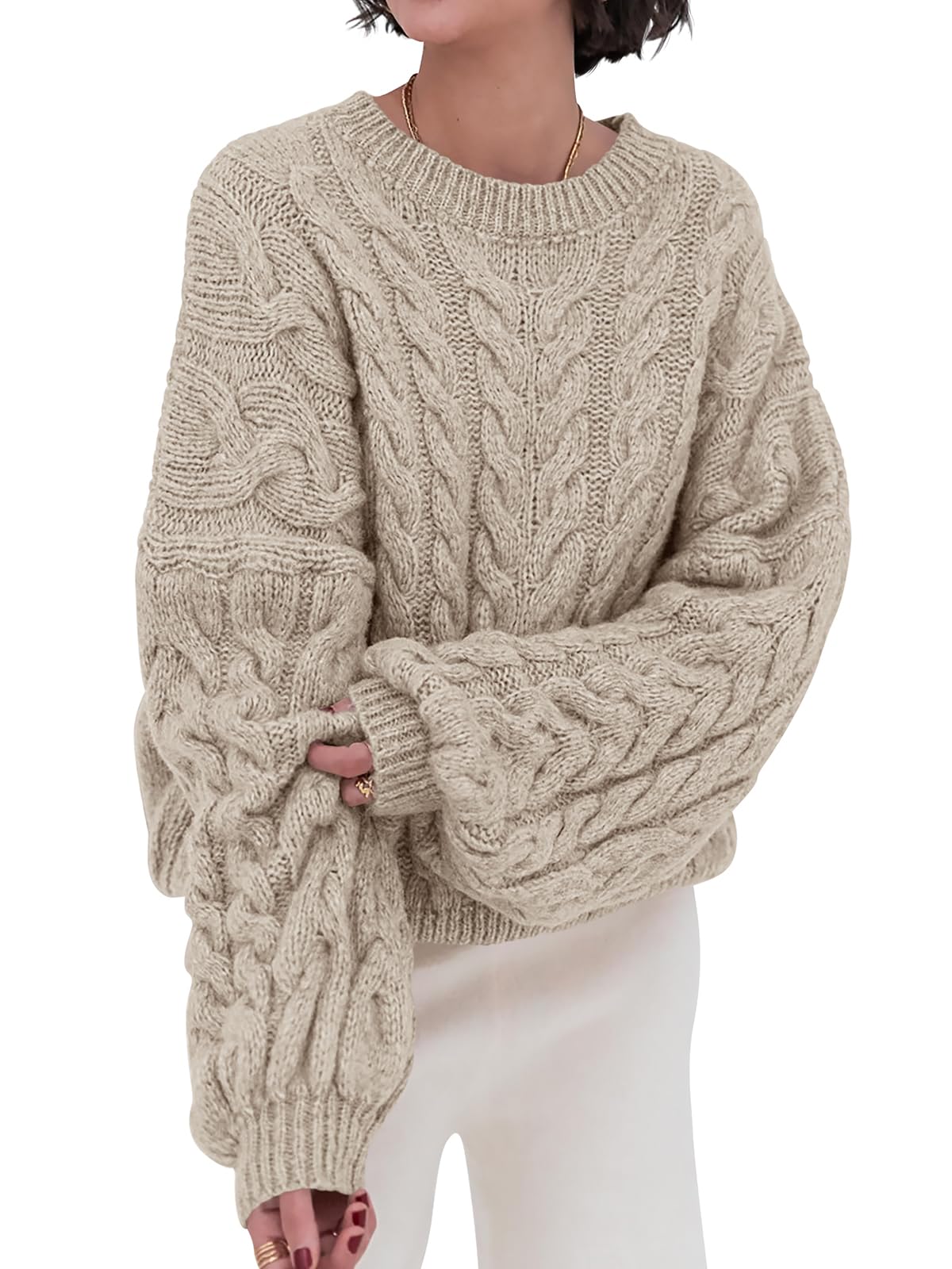 PRETTYGARDEN Womens Sweaters Fall 2026 Cable Knit Long Sleeve Crewneck Oversized Sweater Chunky Pullover Loose Outfits