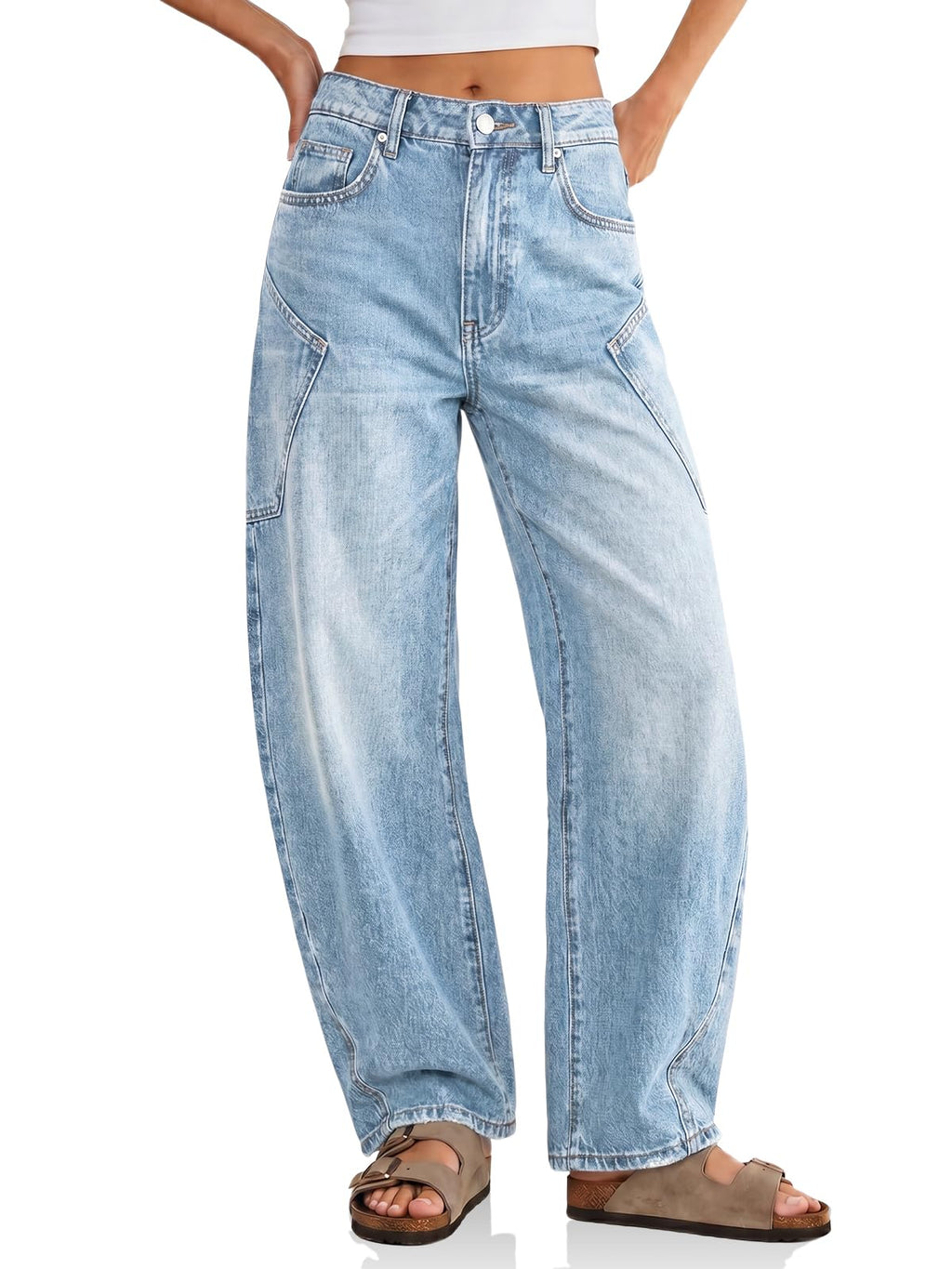 Flowyair Womens Baggy Barrel Jeans Raw High Waisted Wide Leg Denim Pants