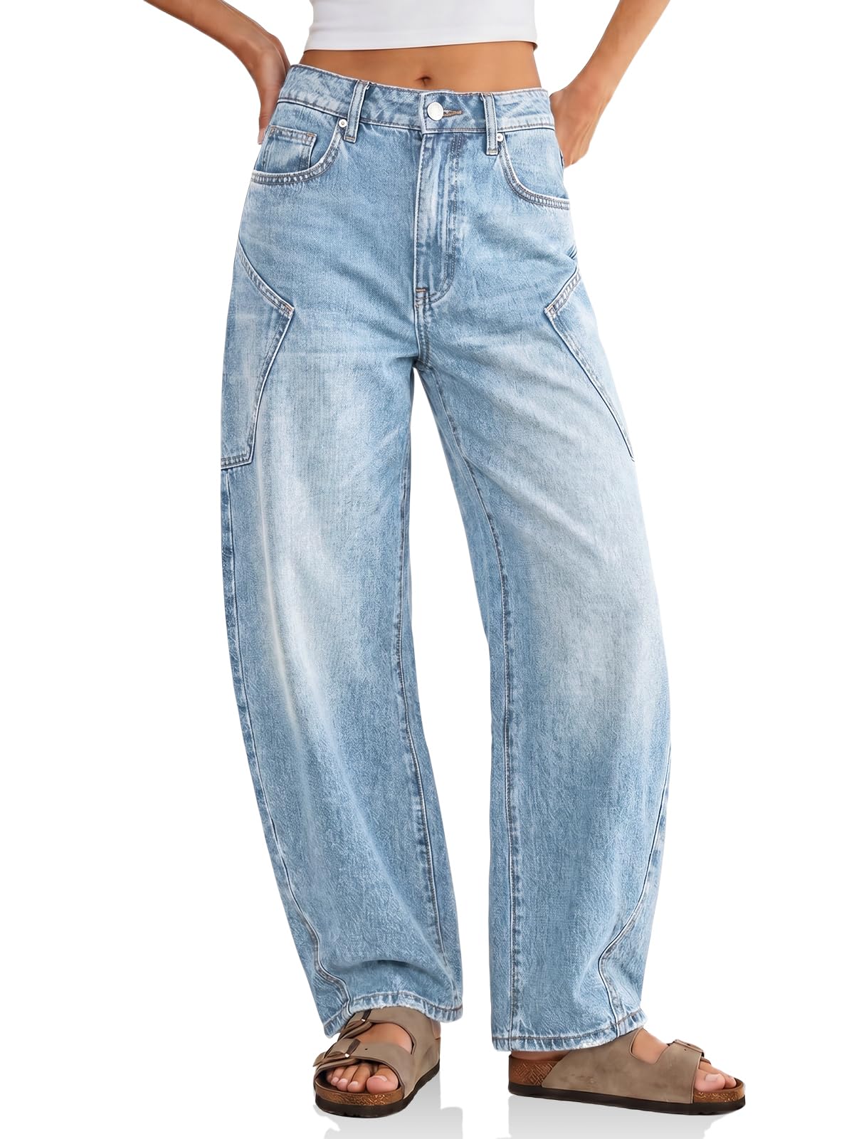 Flowyair Womens Baggy Barrel Jeans Raw High Waisted Wide Leg Denim Pants