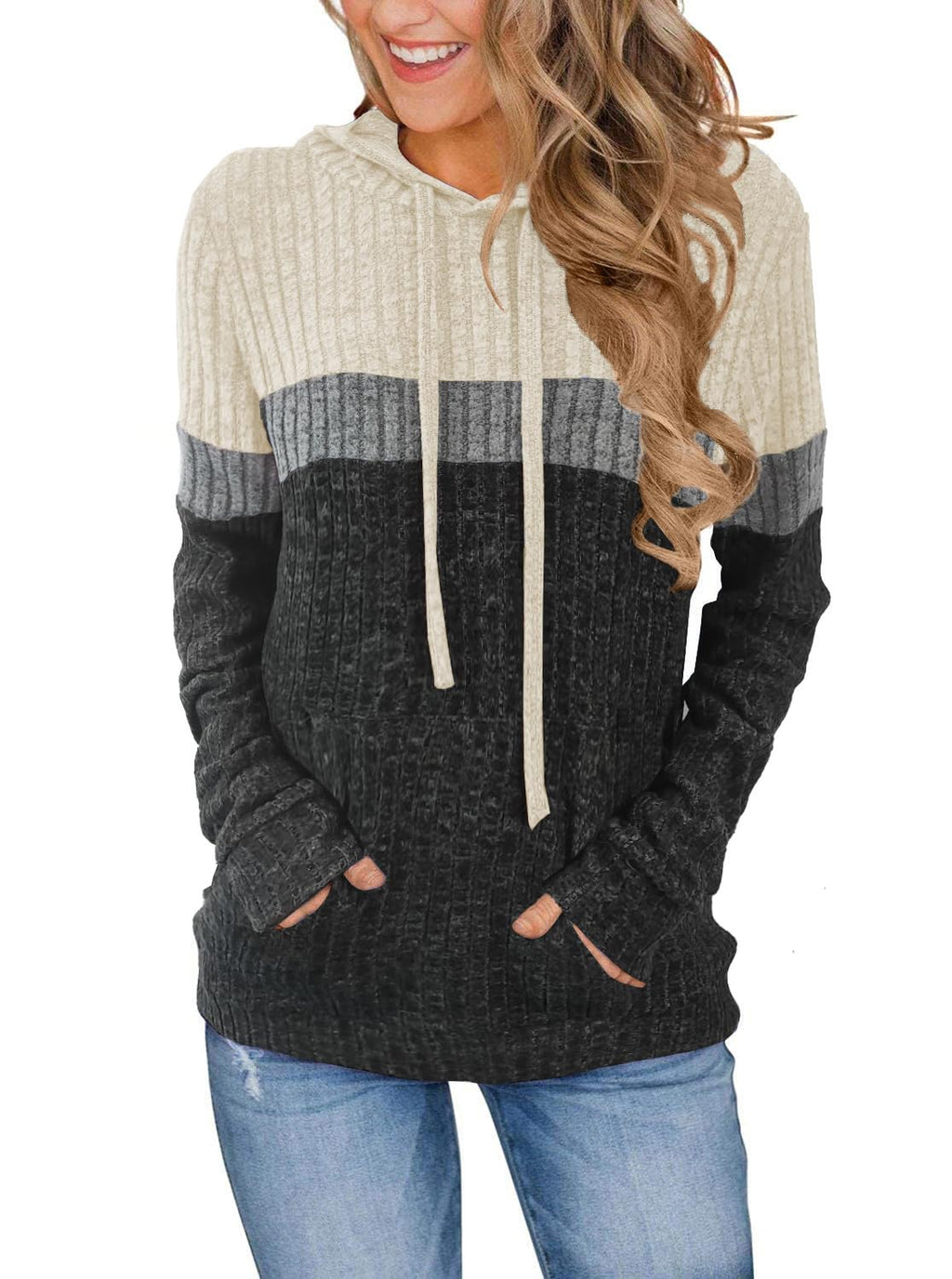 MixShe Women’s Color Block Knit Hoodie – Casual Long Sleeve Pullover Sweater Tops with Pocket