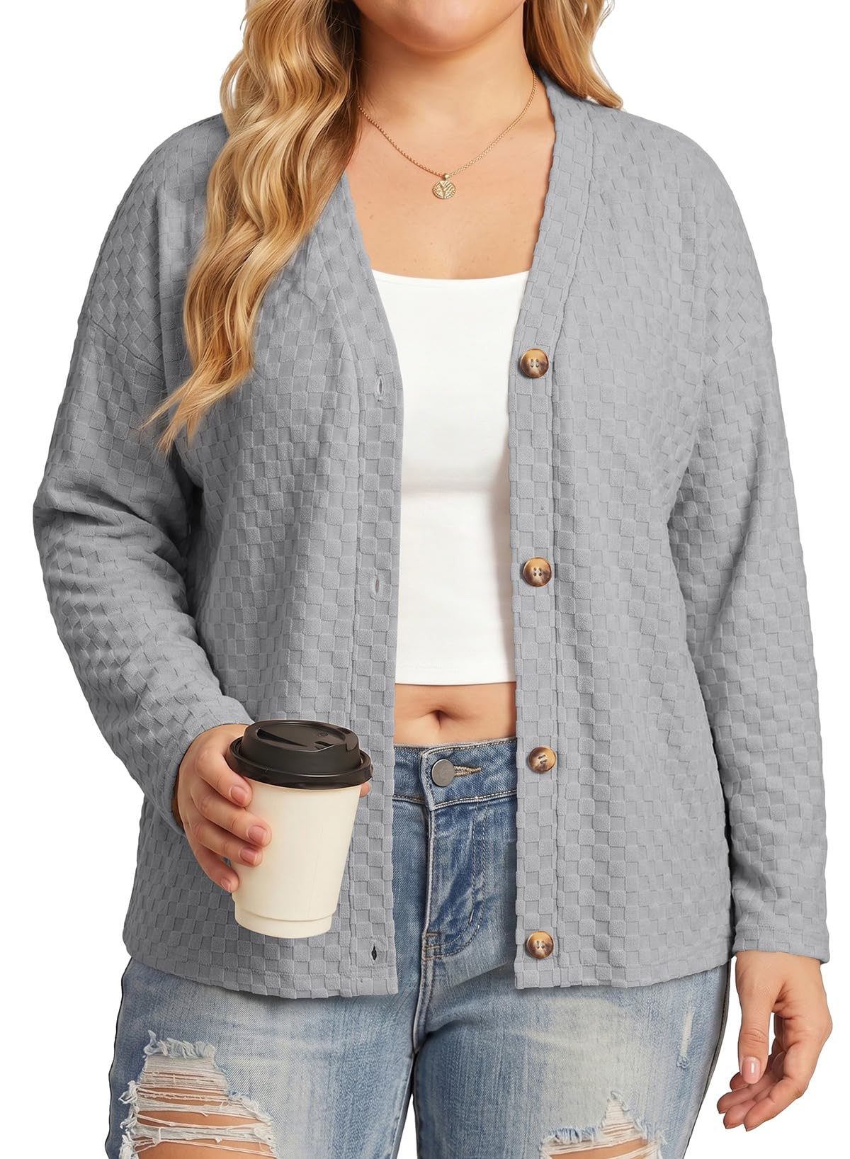Eytino Plus Size Button Down Long Sleeve Cardigan for Women