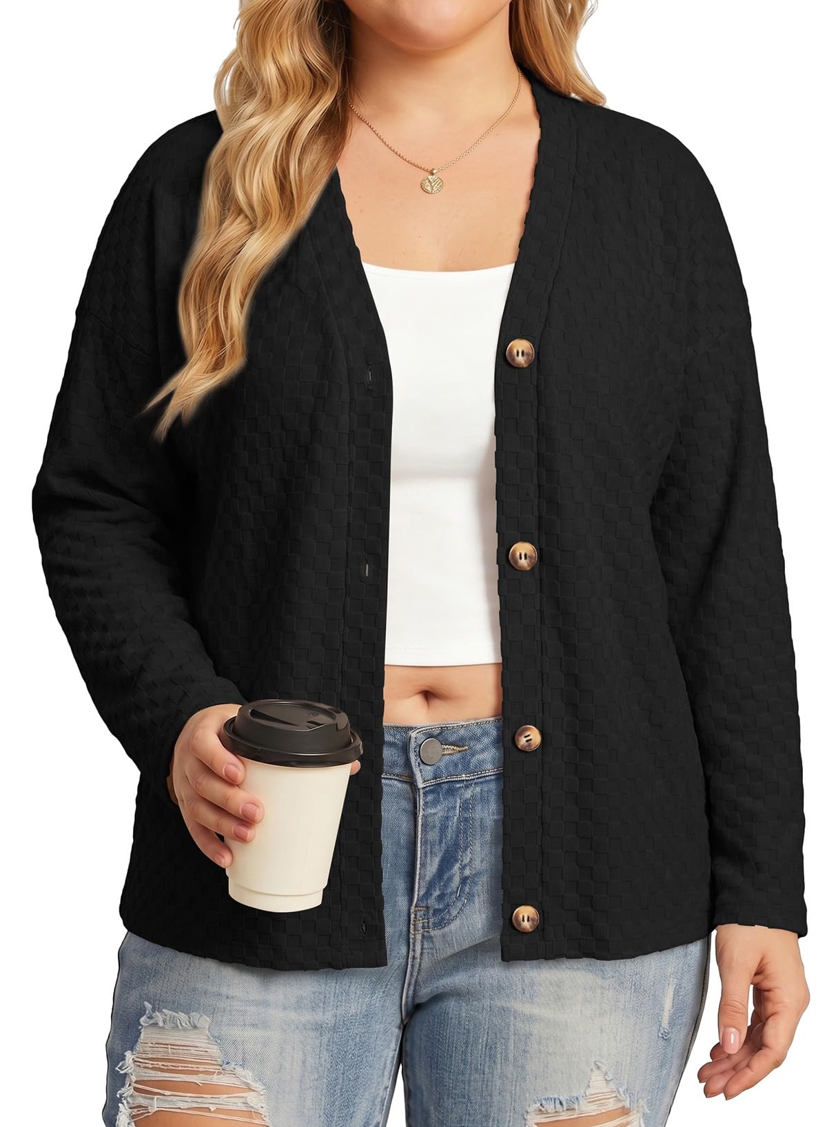 Eytino Plus Size Button Down Long Sleeve Cardigan for Women