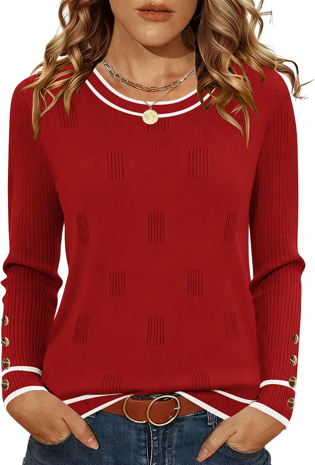 AKEWEI Womens Sweaters Long Sleeve Crew Neck Lightweight Knit Pullover Tops with Decorative Buttons