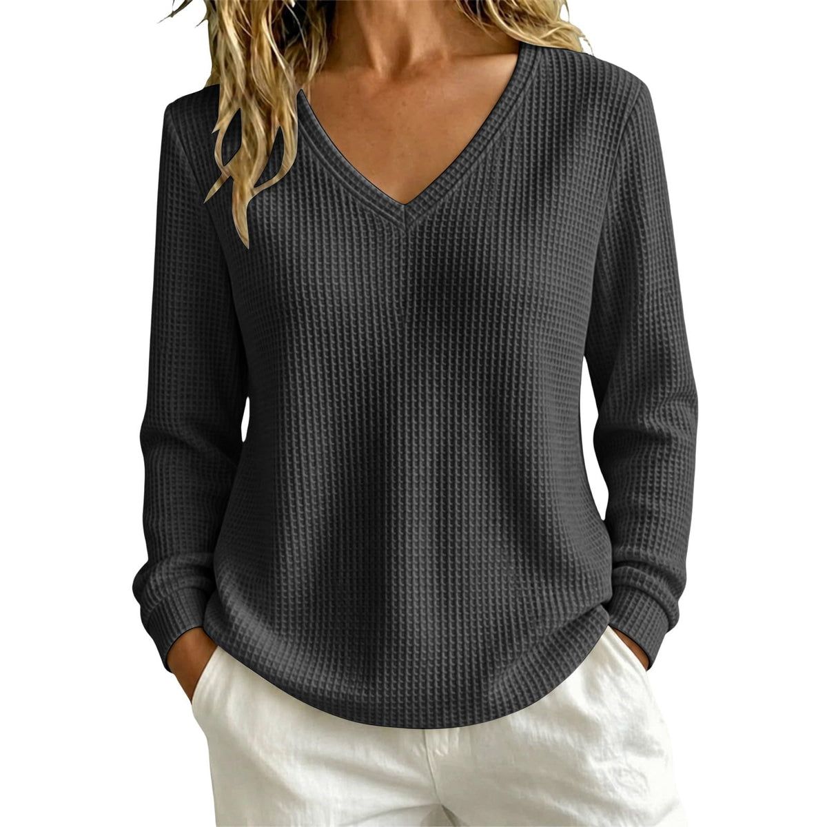 Women’s Lightweight Waffle Knit Sweater V-Neck Loose Fit Pullover