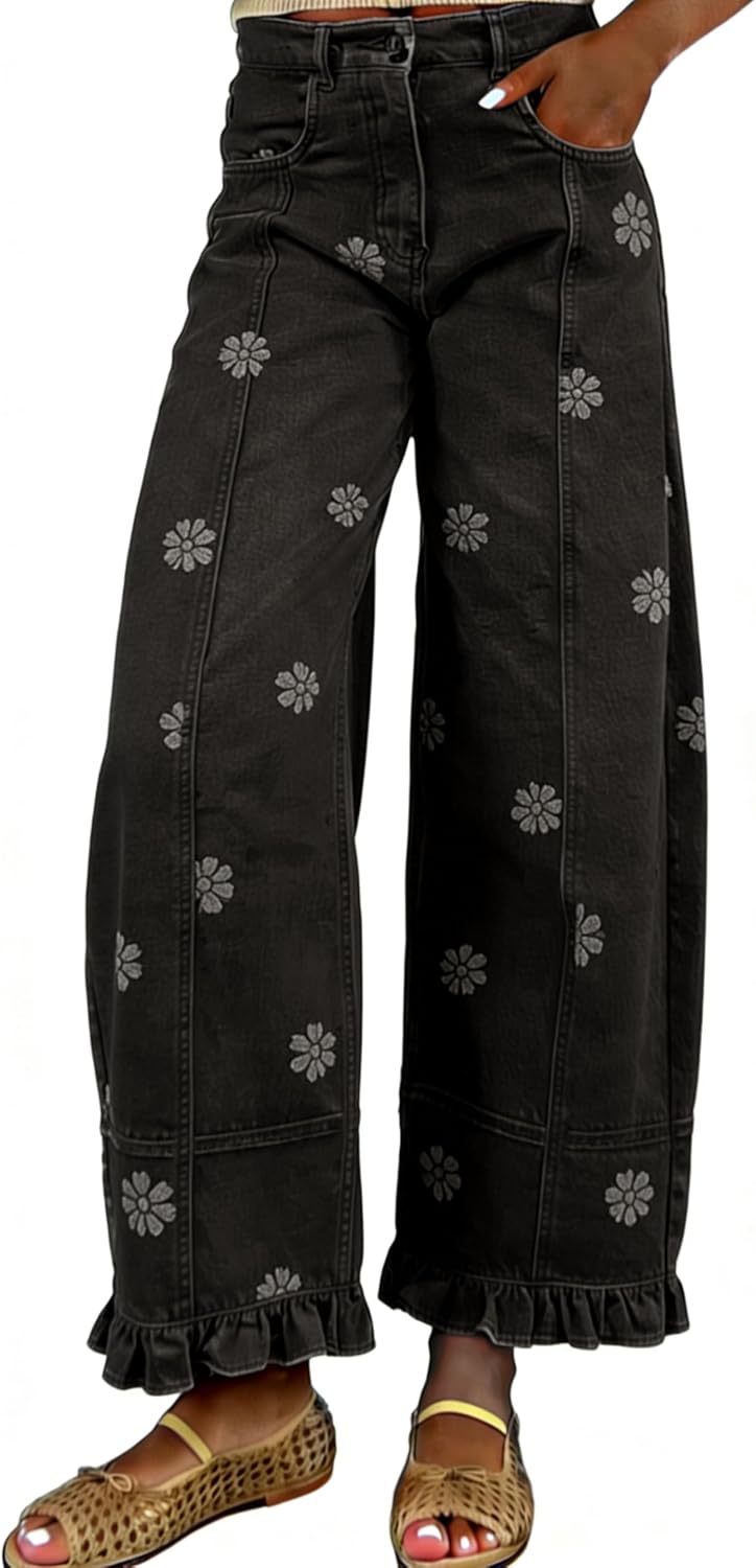 utcoco Barrel Jeans Women 2026 Floral Print Wide Leg Jeans Y2k Patchwork Baggy Boyfriend Denim Pants