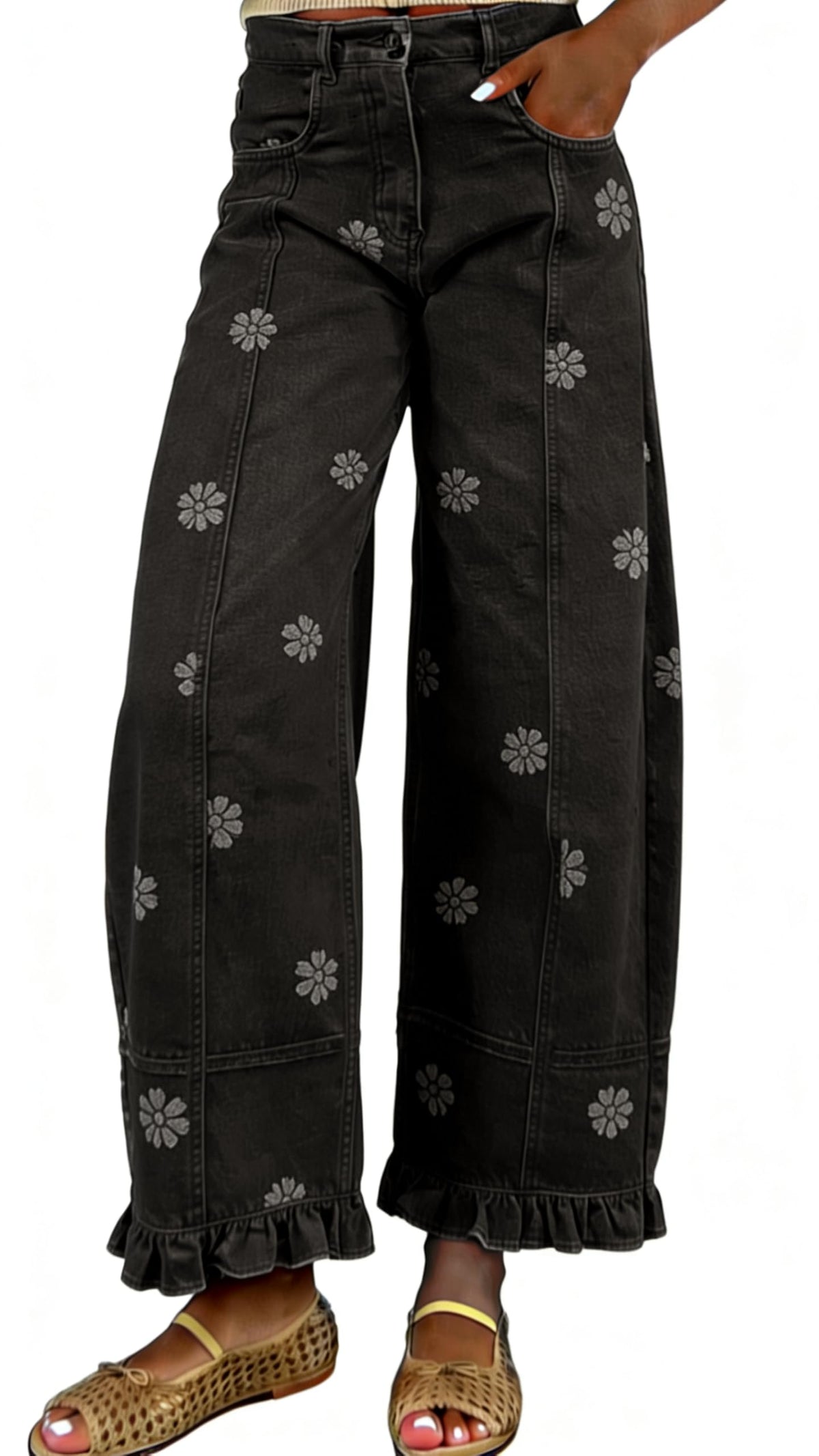 utcoco Barrel Jeans Women 2026 Floral Print Wide Leg Jeans Y2k Patchwork Baggy Boyfriend Denim Pants