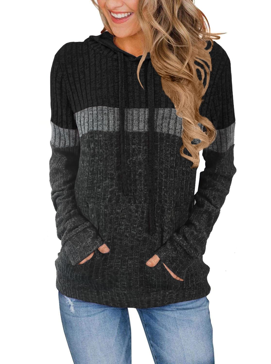 MixShe Women’s Color Block Knit Hoodie – Casual Long Sleeve Pullover Sweater Tops with Pocket