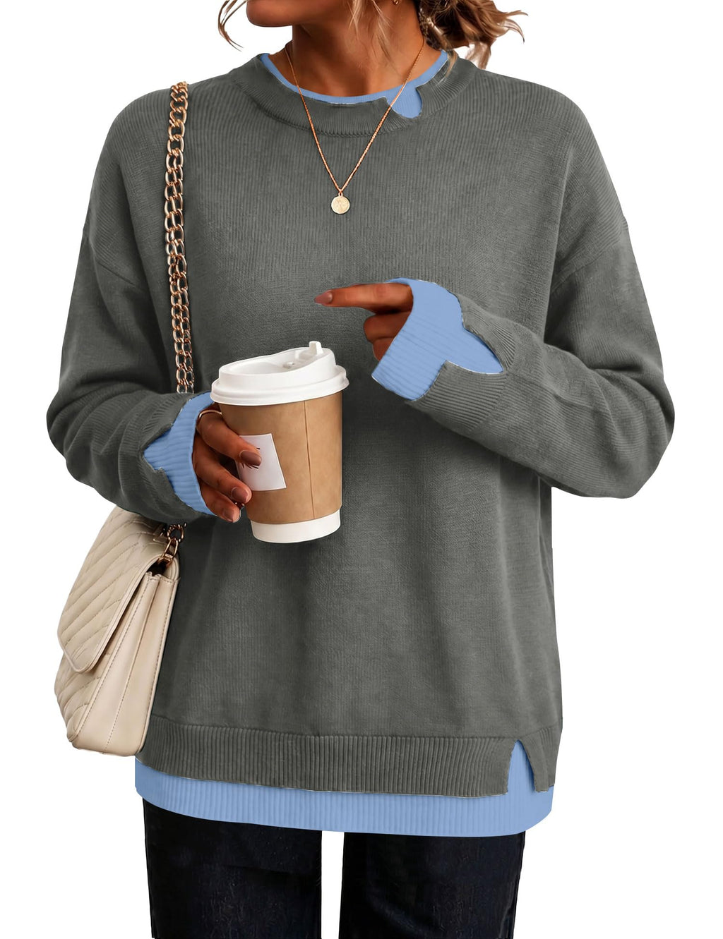 LOMON Womens Sweaters Cozy Long Sleeve Pullover Tops Faux Layered Sweaters