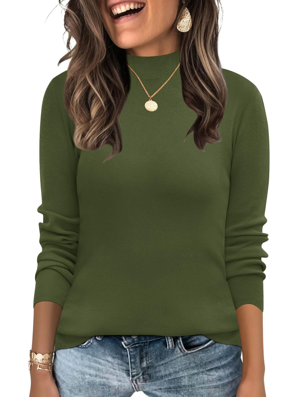 LOMON Mock Neck Tops for Women Long Sleeve Dressy Casual Lightweight Basic Knitted Pullover Sweater S-XL