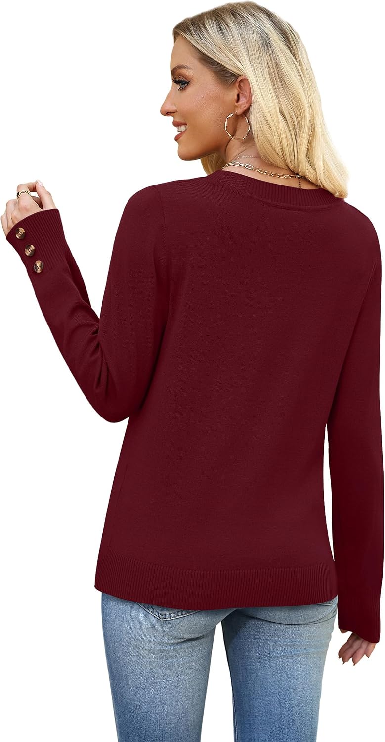 WIHOLL Lightweight Sweaters for Women Long Sleeve V Neck Knit Outfits with Decorative Buttons
