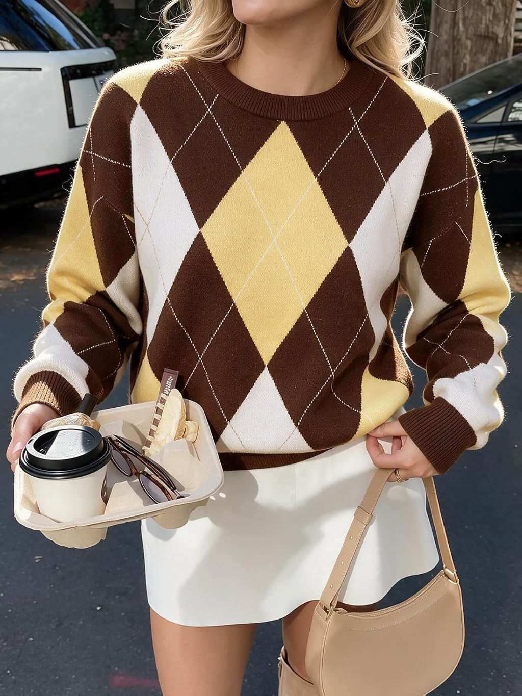 Cicy Bell Sweaters for Women Argyle Plaid Color Block Knit Pullover Tops