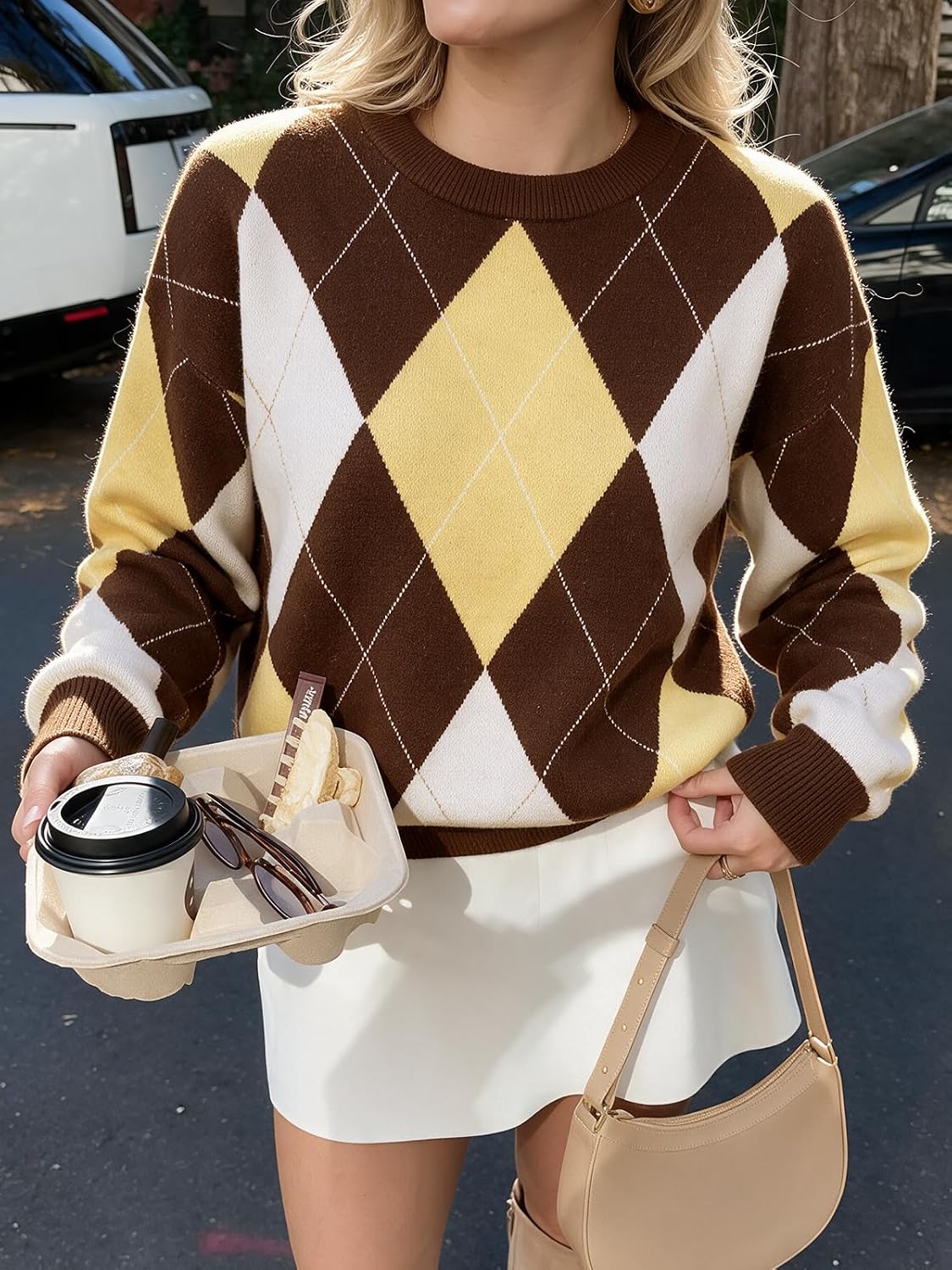 Cicy Bell Sweaters for Women Argyle Plaid Color Block Knit Pullover Tops
