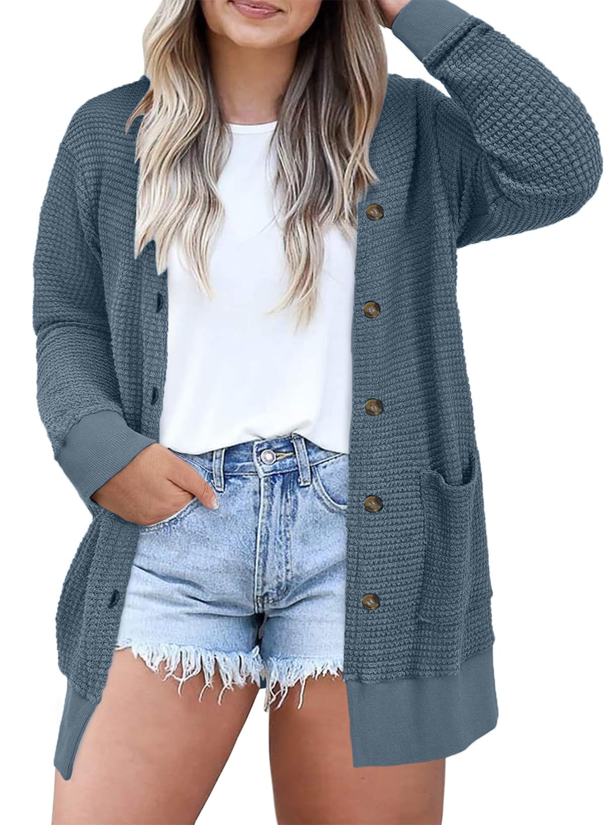 Eytino Womens Plus Size Waffle Knit Button Down Cardigans(1X-5X)