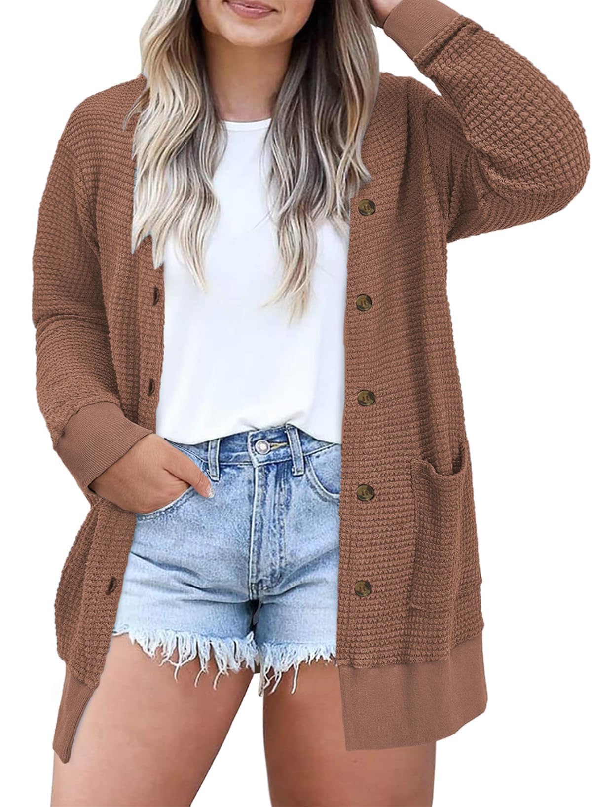 Eytino Womens Plus Size Waffle Knit Button Down Cardigans(1X-5X)