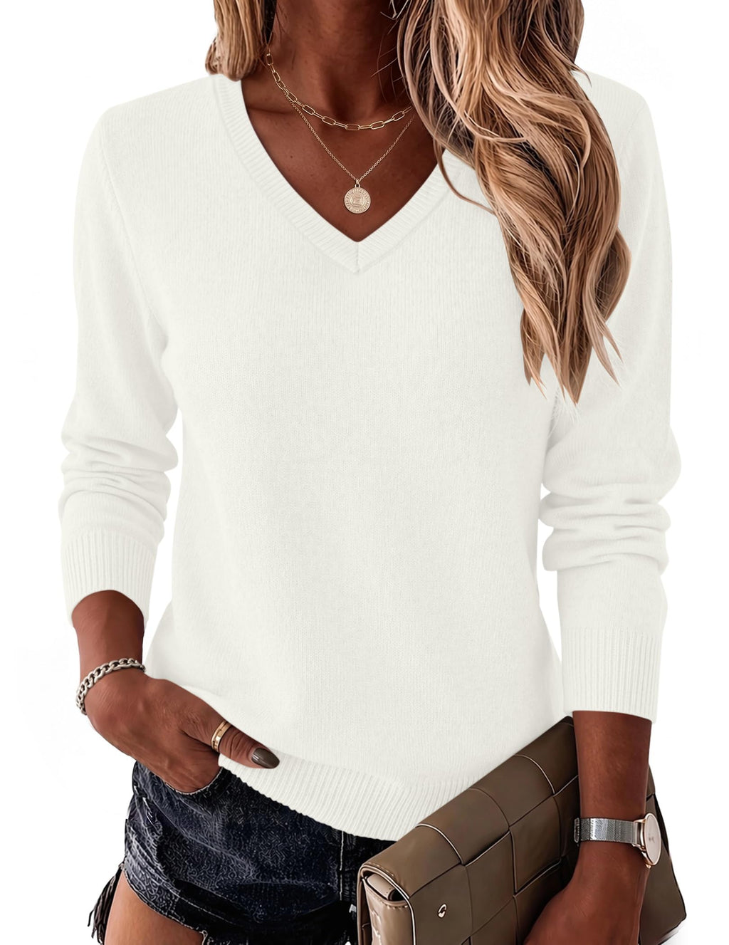 LOMON Womens Wool Blend Sweaters Long Sleeve Tops V Neck Knit Shirts Fall