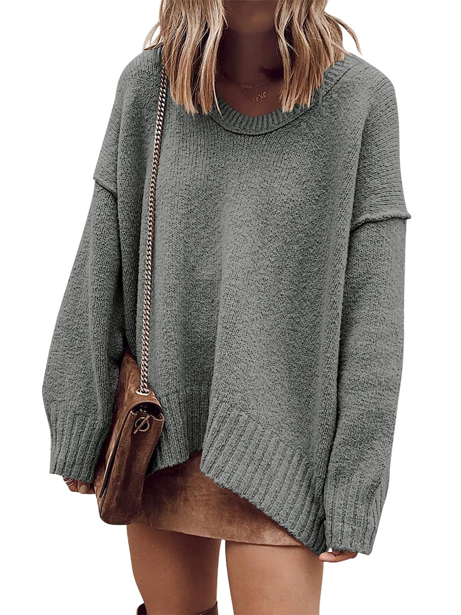 ANRABESS Womens Fall Fashion Oversized Scoop V Neck Batwing Sleeve Sweater