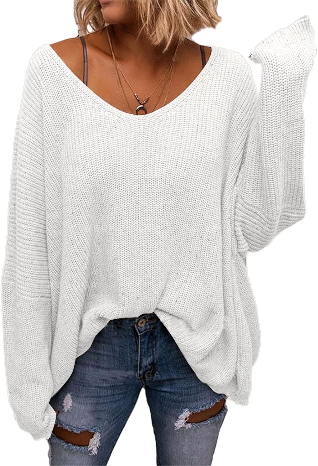 BZB Women's V Neck Long Sleeve Knit Loose Oversized Pullover Sweater Top