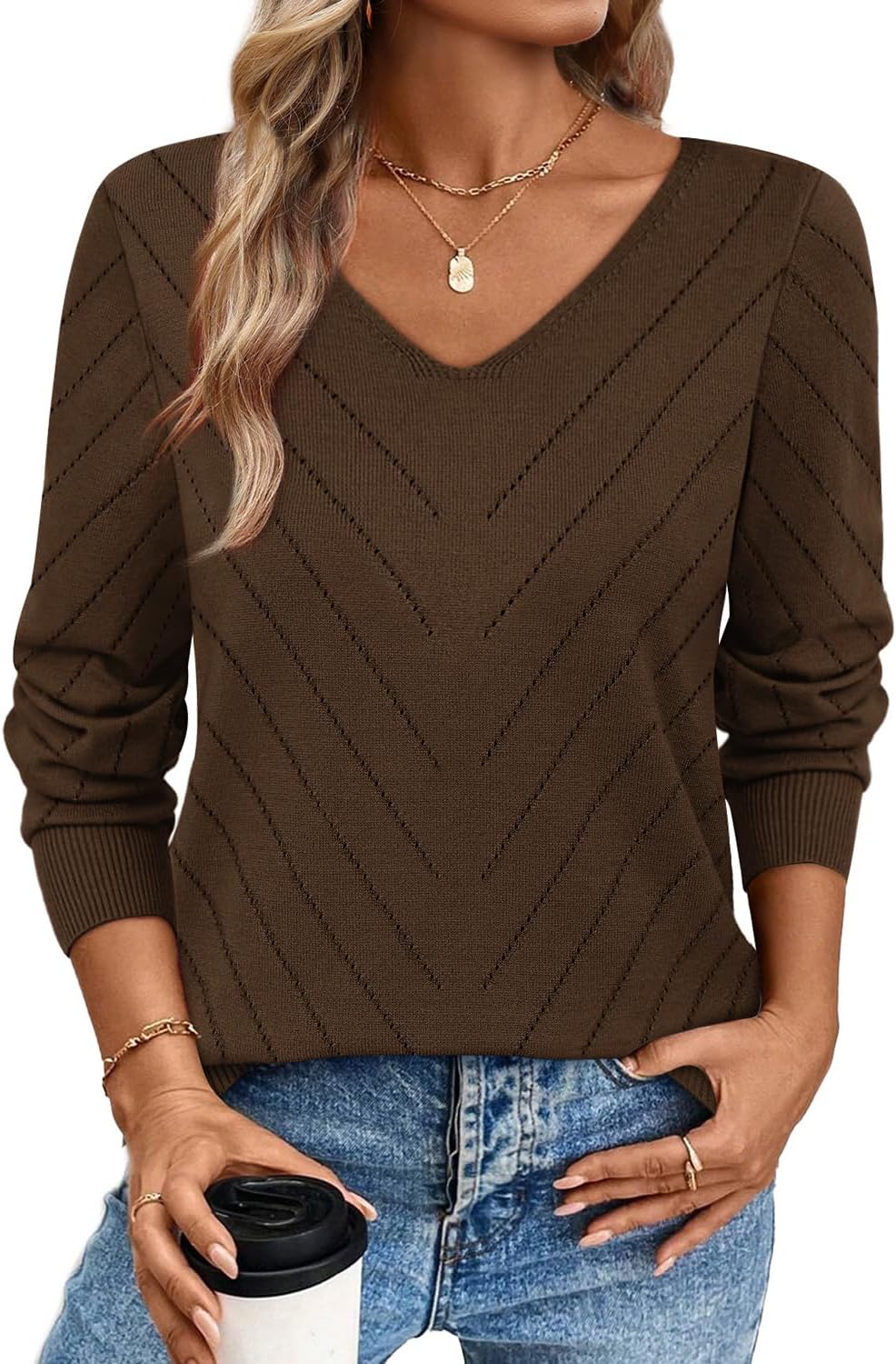 WIHOLL Sweaters for Women V Neck Casual Knit Long Sleeve Tops Lightweight Pullover Clothes Fall Fashion Outfits 2026