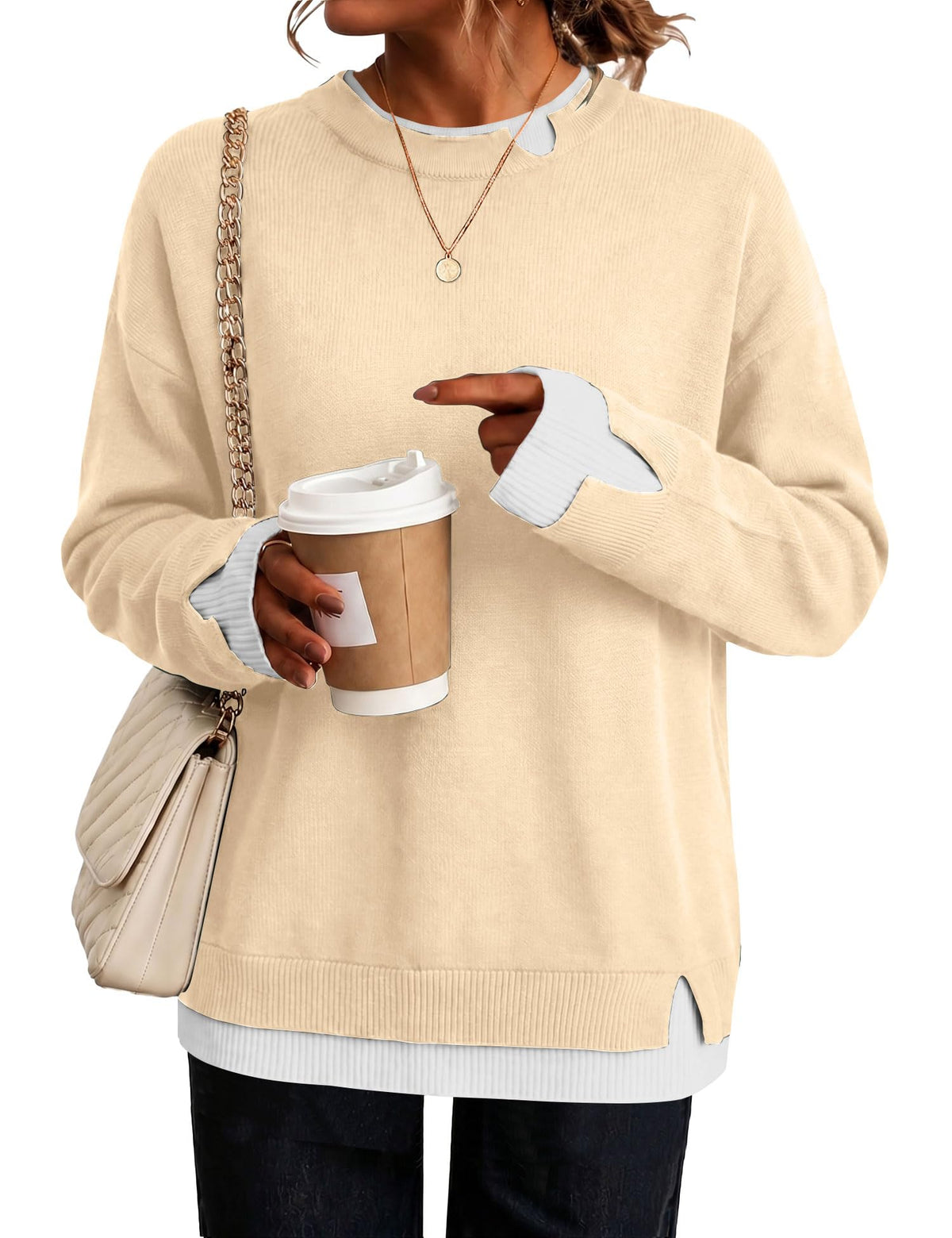 LOMON Womens Sweaters Cozy Long Sleeve Pullover Tops Faux Layered Sweaters