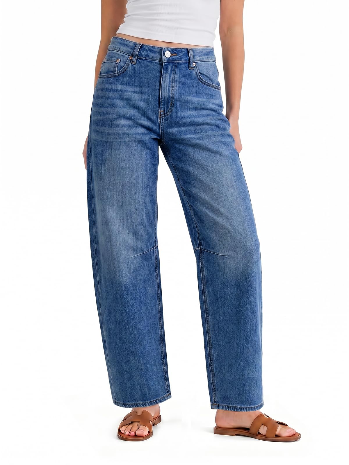 Cicy Bell Women Barrel Cropped Jeans Baggy High Waisted Casual Denim Pants