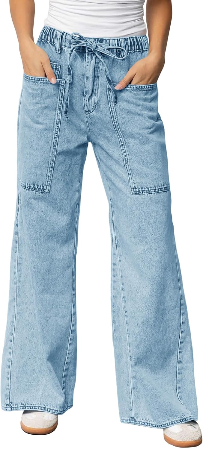 Women's Wide Leg Jeans High Waisted Denim Pants with Drawstring
