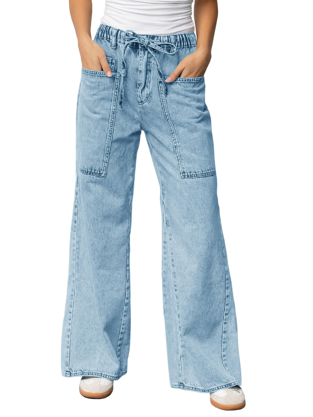 Women's Wide Leg Jeans High Waisted Denim Pants with Drawstring