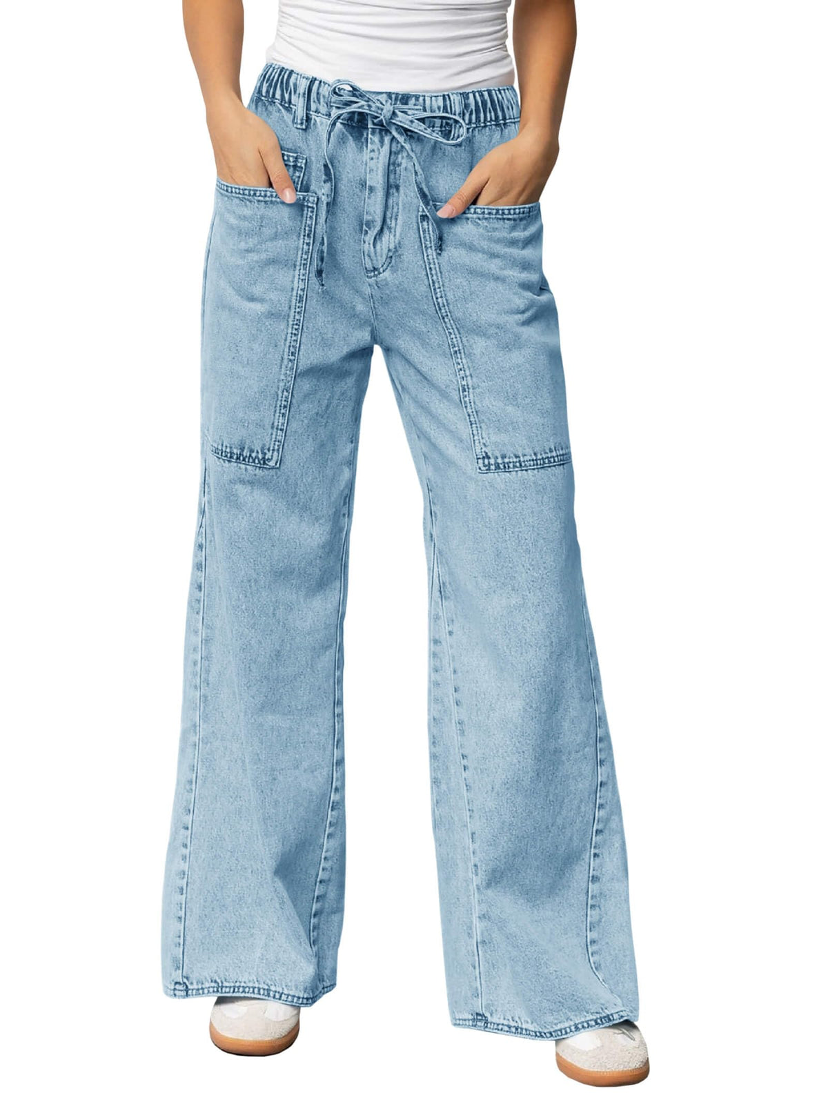 Women's Wide Leg Jeans High Waisted Denim Pants with Drawstring