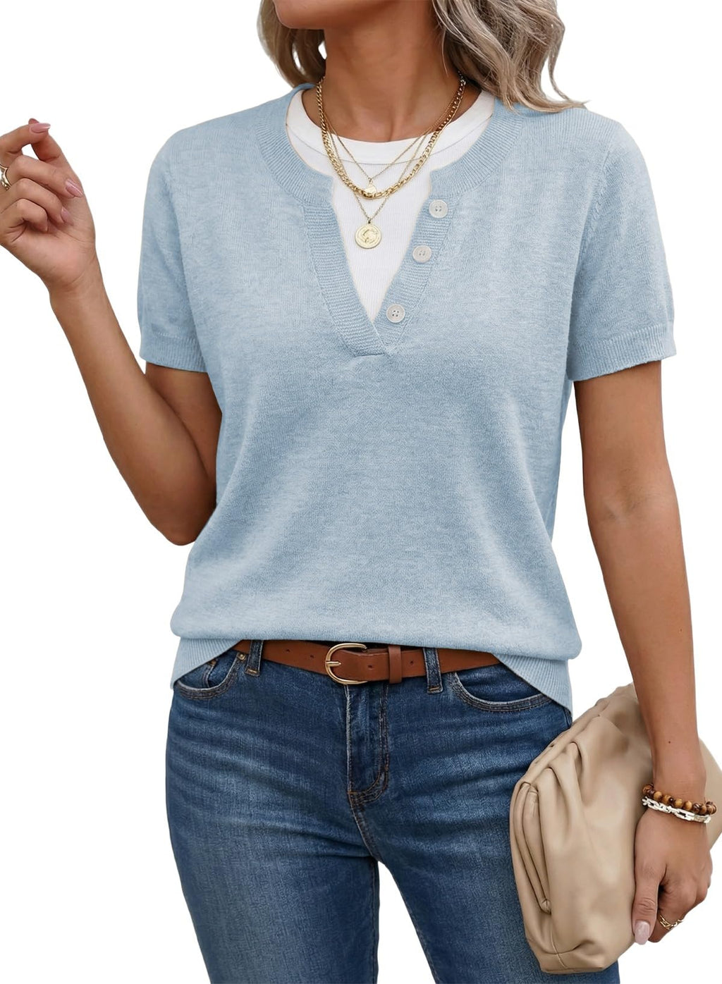 SHEWIN Womens Lightweight Short Sleeve Sweaters Fall Layered Knit Tops