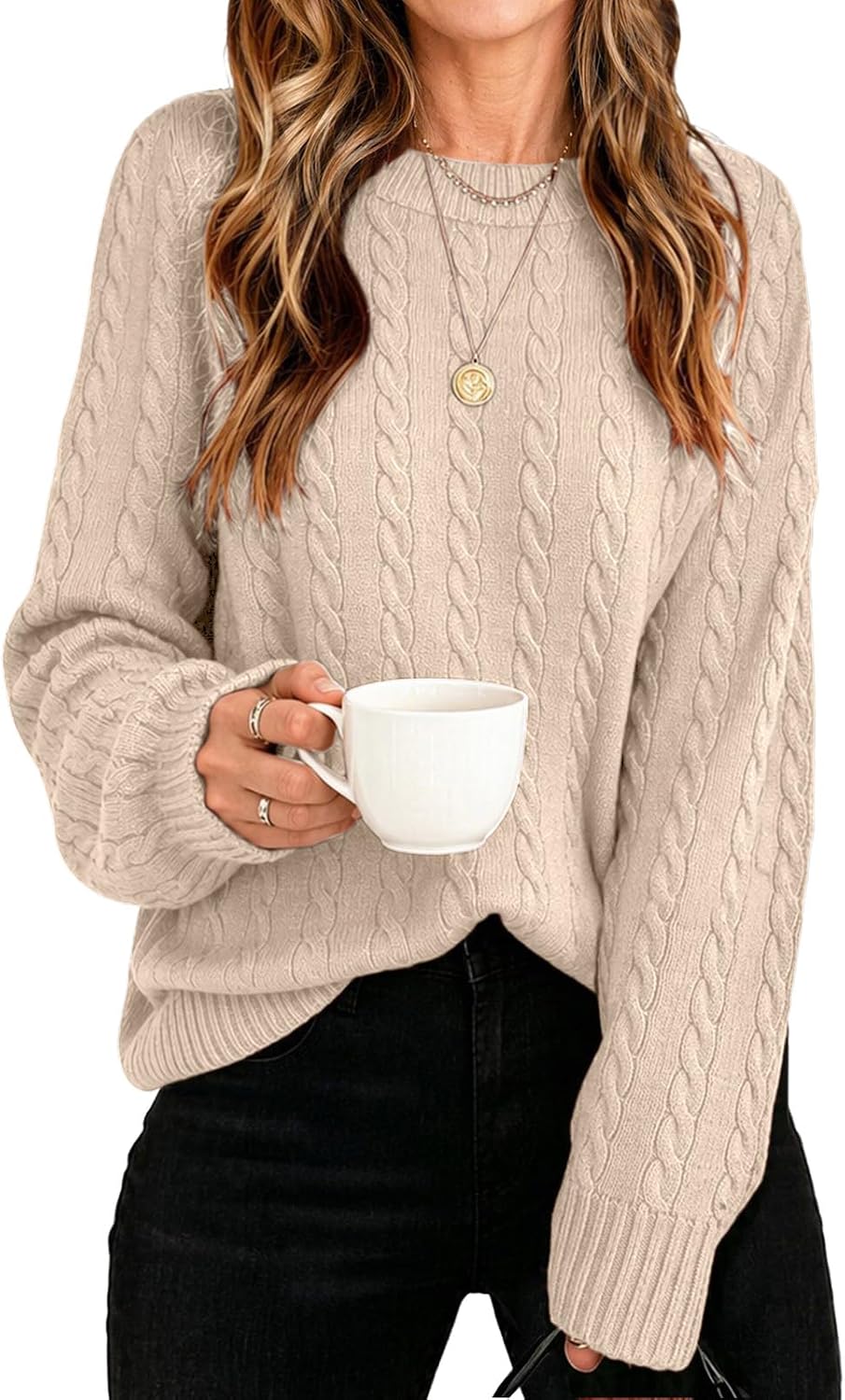 Womens Winter Fall Sweaters 2026 Trendy Cable Knit Long Sleeve Crewneck Tops Casual Outfit Sweater for Women
